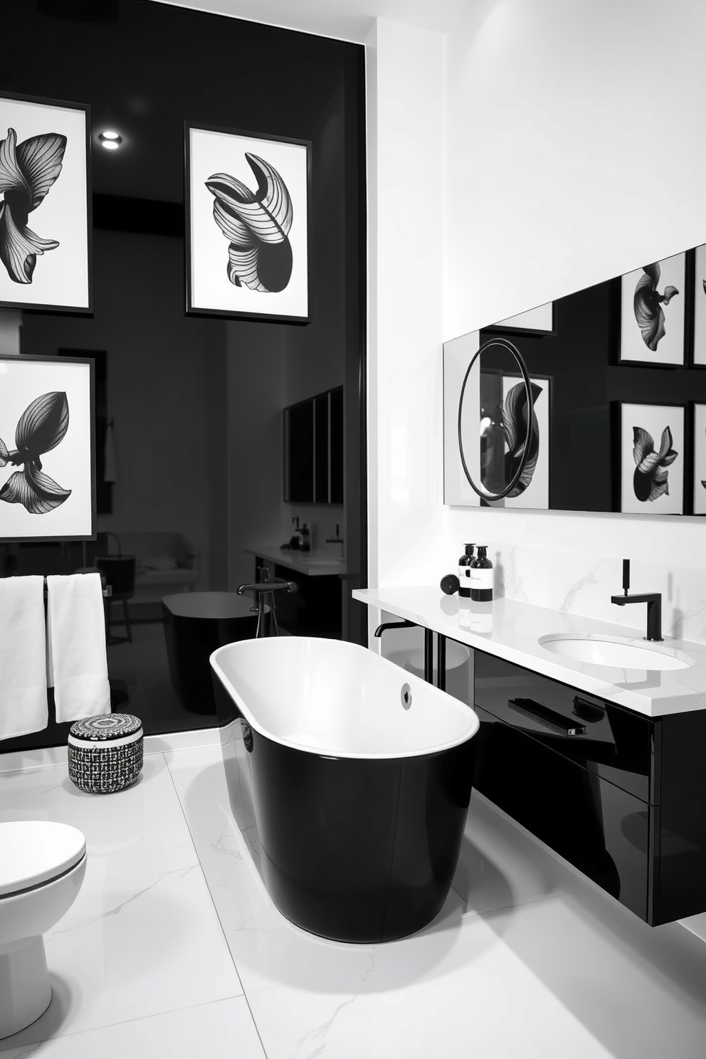 A sleek black and white bathroom featuring monochrome artwork that enhances the overall decor. The walls are adorned with striking black and white prints, while a modern freestanding tub sits elegantly in the center, surrounded by minimalist accessories. The vanity showcases a glossy black finish with a white marble top, complemented by stylish black fixtures. A large frameless mirror reflects the artistic elements, creating a cohesive and sophisticated atmosphere.