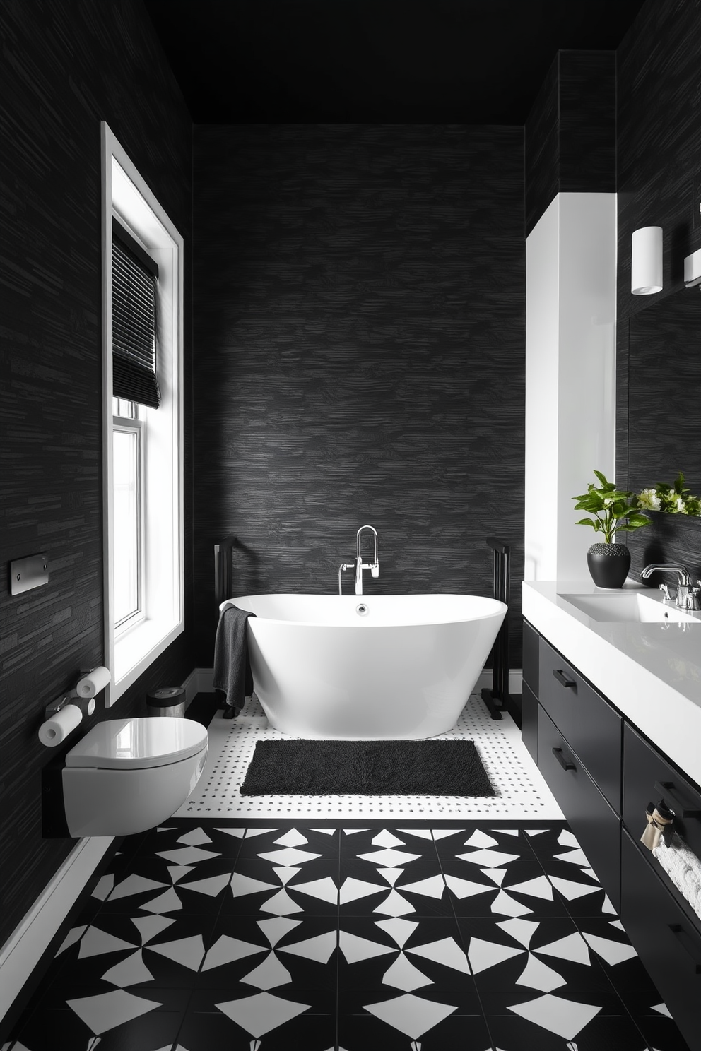 Textured black wallpaper creates a dramatic backdrop that adds depth and sophistication to the space. The bathroom features sleek white fixtures that contrast beautifully against the dark walls, enhancing the overall aesthetic. In this black and white bathroom design, a freestanding tub takes center stage, surrounded by elegant black accents. The flooring is adorned with black and white geometric tiles, tying the design elements together in a cohesive manner.