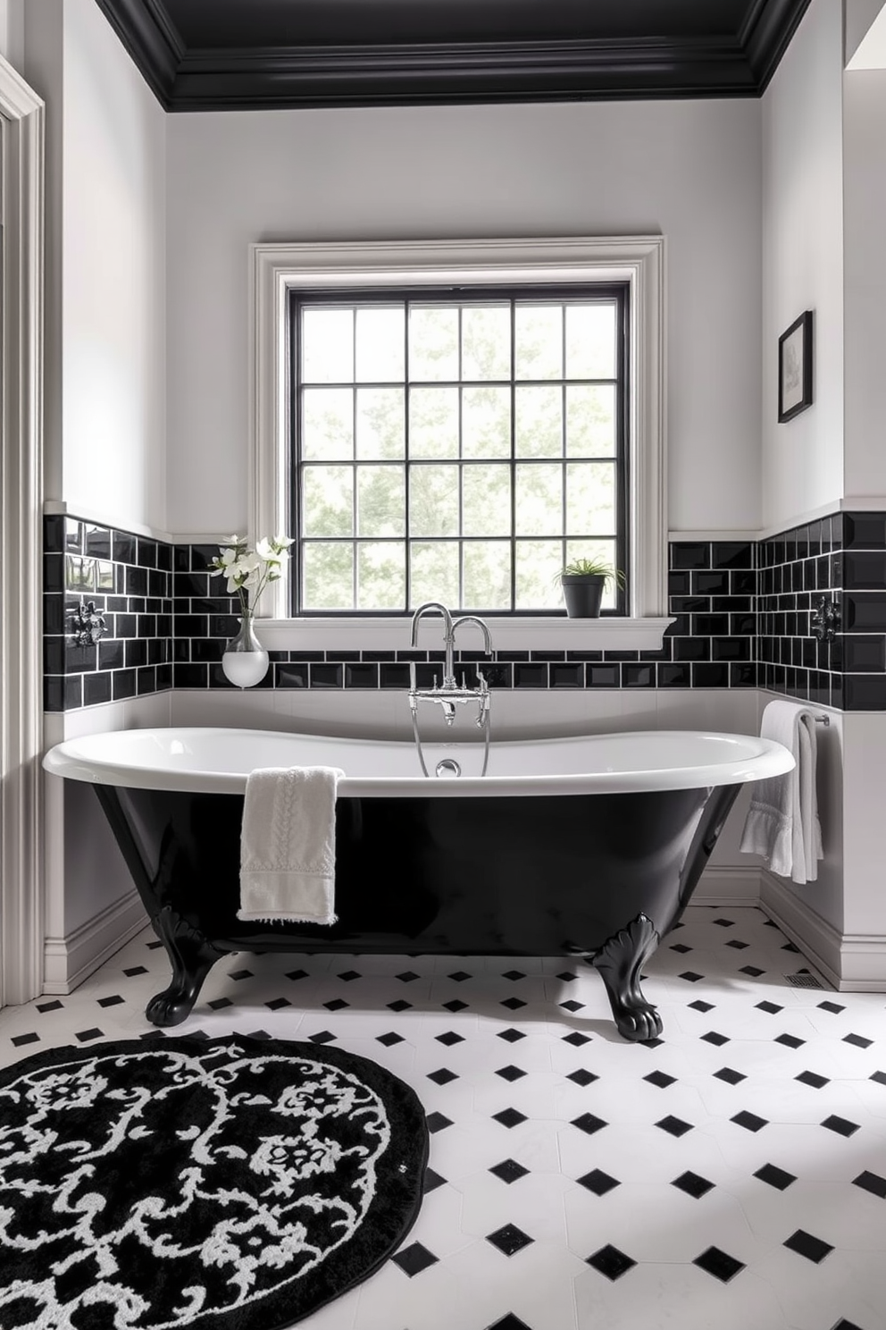 A vintage style clawfoot tub in black is the centerpiece of the bathroom, exuding elegance and charm. The walls are adorned with classic black and white patterned tiles, creating a timeless and sophisticated atmosphere. A large window allows natural light to flood the space, highlighting the intricate details of the tub. Complemented by a stylish black and white rug, the overall design reflects a perfect blend of vintage and modern aesthetics.