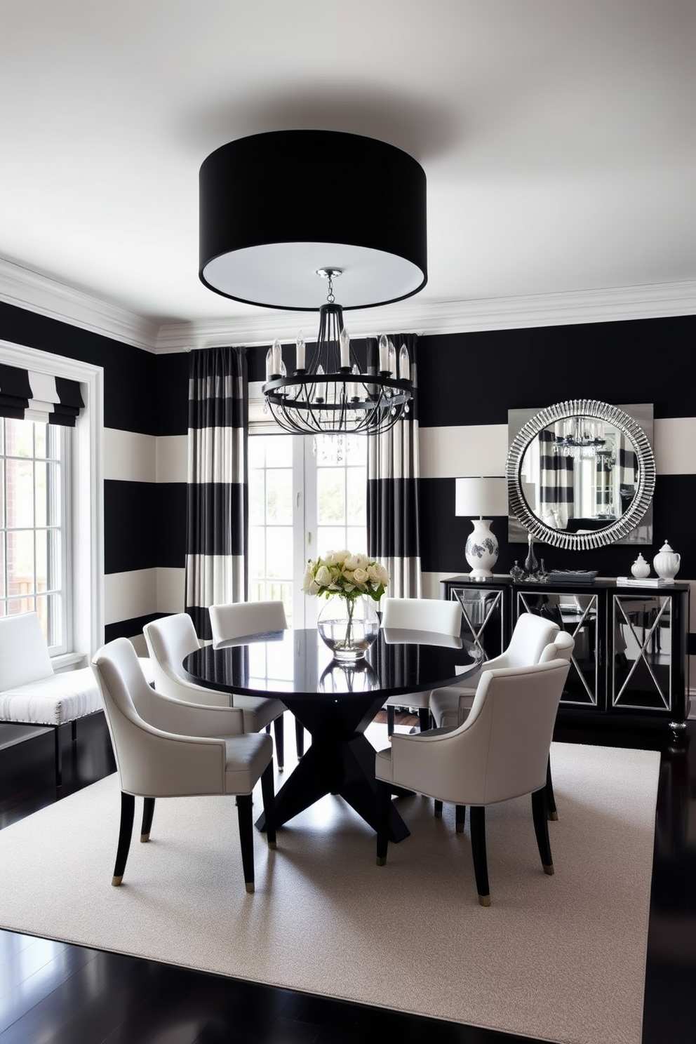 A sophisticated dining room featuring elegant black and white striped wallpaper that creates a striking visual impact. The room is furnished with a sleek black dining table surrounded by white upholstered chairs, complemented by a modern chandelier hanging above. Large windows allow natural light to flood the space, enhancing the contrast of the black and white color scheme. A stylish sideboard against one wall showcases decorative tableware and adds functionality to the room.