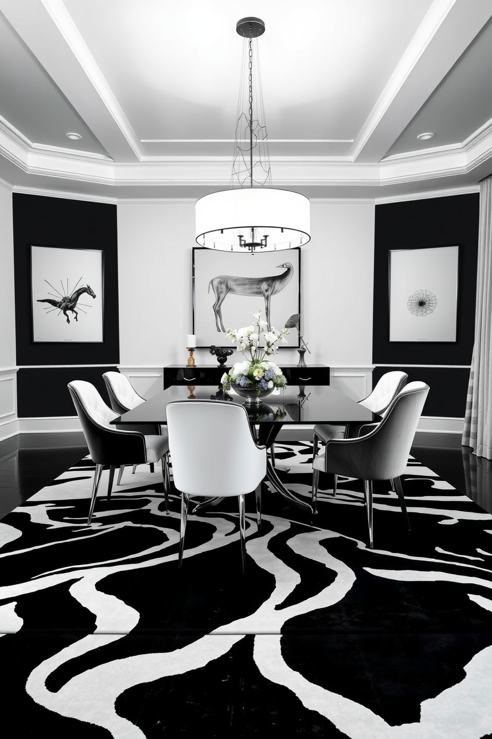 A striking black and white dining room features a large contrasting area rug that anchors the space. The dining table is surrounded by elegant chairs, each showcasing a unique blend of modern and classic design elements. The walls are adorned with minimalist artwork that complements the monochromatic theme. A stylish chandelier hangs above the table, casting a warm glow over the sophisticated setting.