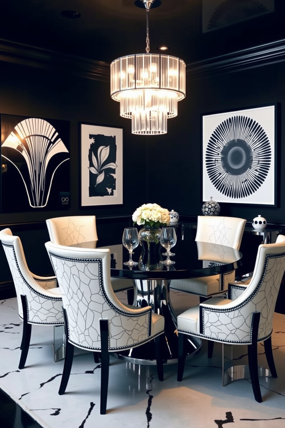 A stunning dining room featuring art deco inspired black and white decor. The room showcases a sleek black dining table surrounded by elegant white upholstered chairs with geometric patterns. The walls are adorned with bold black and white artwork that complements the overall theme. A striking chandelier with a chrome finish hangs above the table, casting a warm glow over the space.