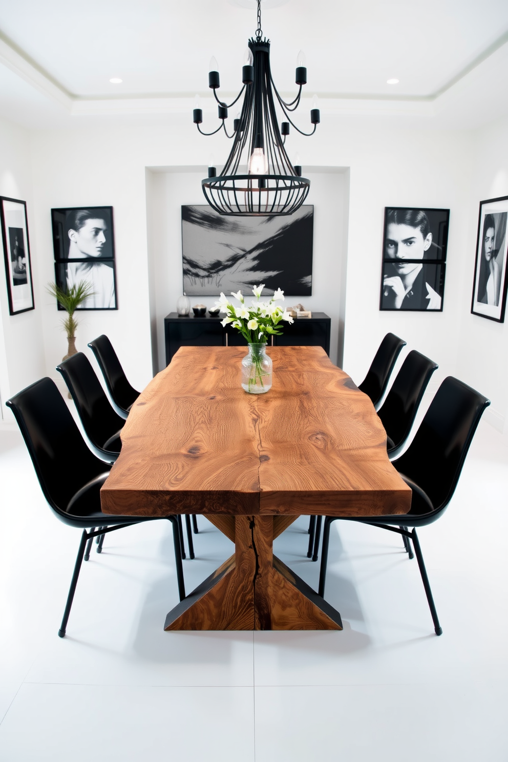 A rustic wooden table with black accents sits at the center of a stylish dining room. Surrounding the table are sleek black chairs that contrast beautifully with the warmth of the wood. The room features a striking black and white color palette, with white walls adorned with black-framed artwork. A statement black chandelier hangs above the table, adding elegance to the space.