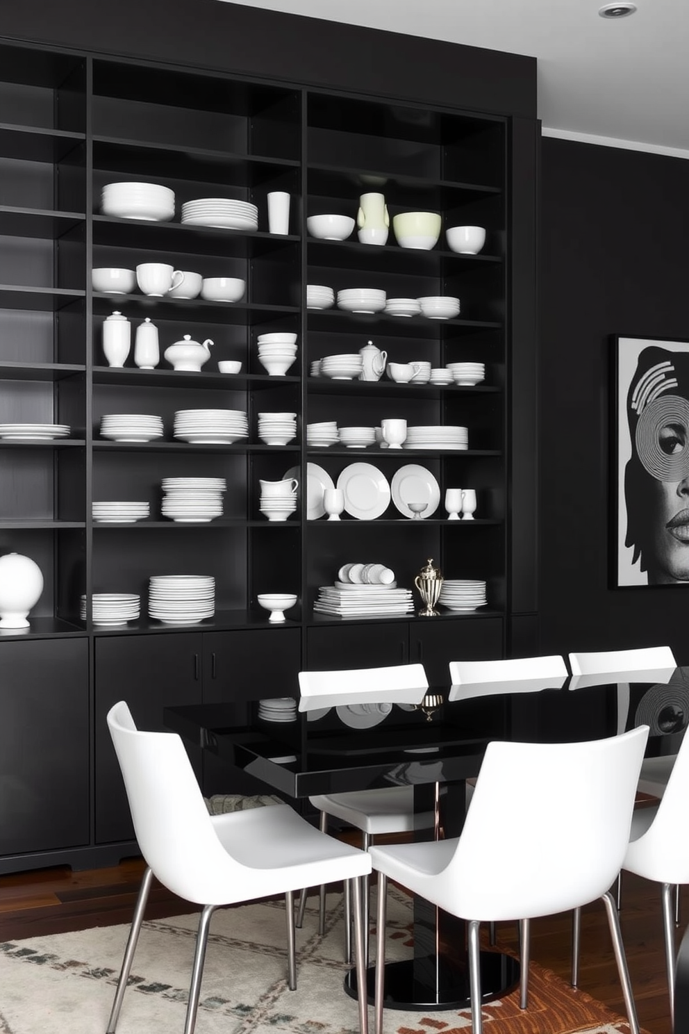 A contemporary black shelving unit displays an array of elegant white dishes, creating a striking contrast against the dark background. The dining room features a sleek black table surrounded by white chairs, with bold black and white artwork adorning the walls.