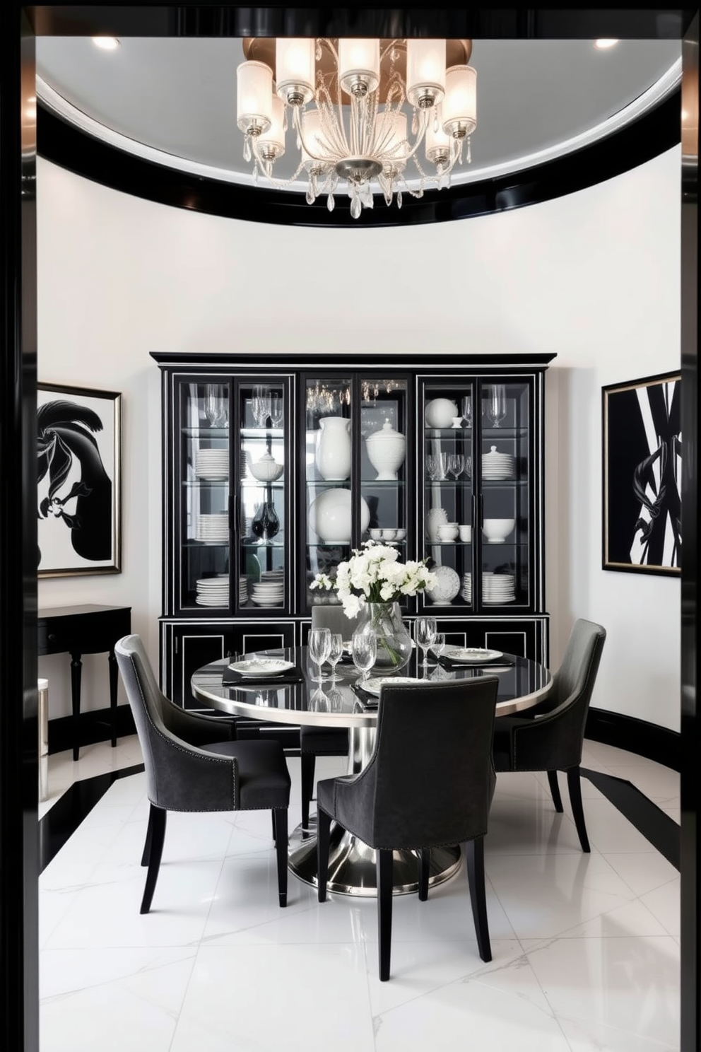 Textured black curtains drape elegantly against pristine white walls creating a striking contrast. A sleek black dining table is surrounded by white upholstered chairs, enhancing the monochromatic theme. The room features a bold black and white geometric area rug that adds depth to the space. A statement chandelier with black and white accents hangs above the table, illuminating the dining area beautifully.