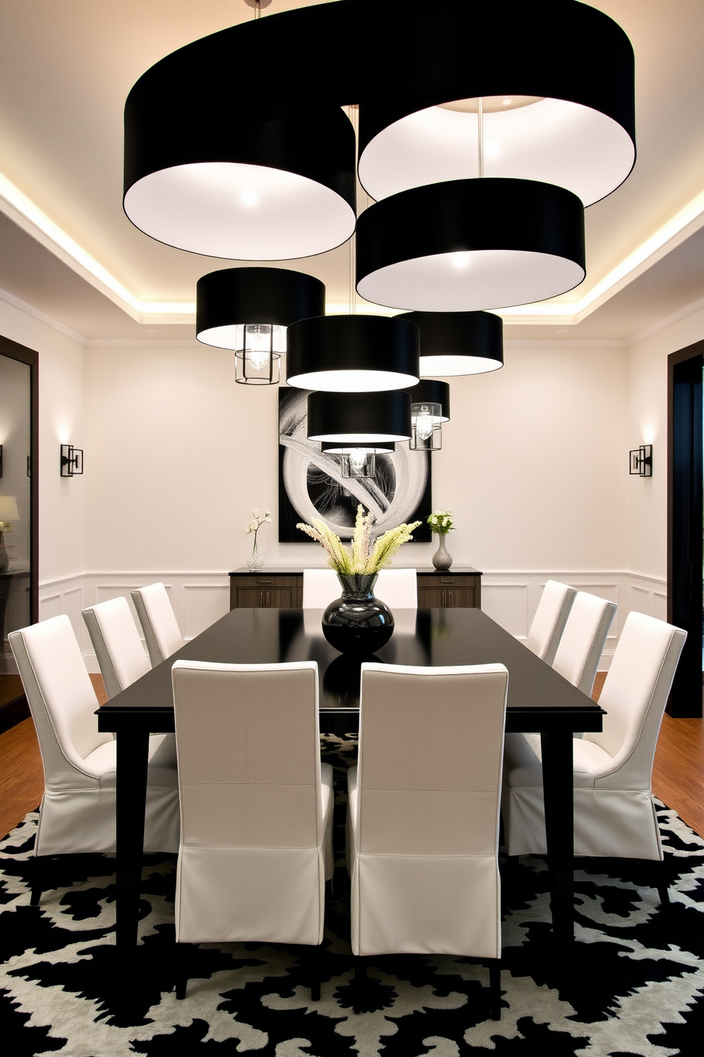 A stylish dining room featuring layered lighting that creates an inviting atmosphere. Black and white fixtures hang gracefully from the ceiling, illuminating the space with a modern touch. The dining table is a sleek black design surrounded by white upholstered chairs. A bold black and white patterned rug anchors the room, adding texture and depth to the overall aesthetic.