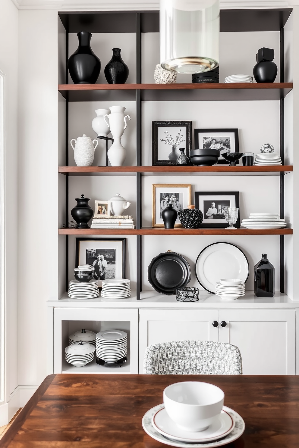 A stylish dining room featuring open shelving adorned with a curated collection of black and white decor. The shelves display a mix of ceramic vases, framed black and white photographs, and elegant dinnerware, creating a striking visual contrast against the light walls.