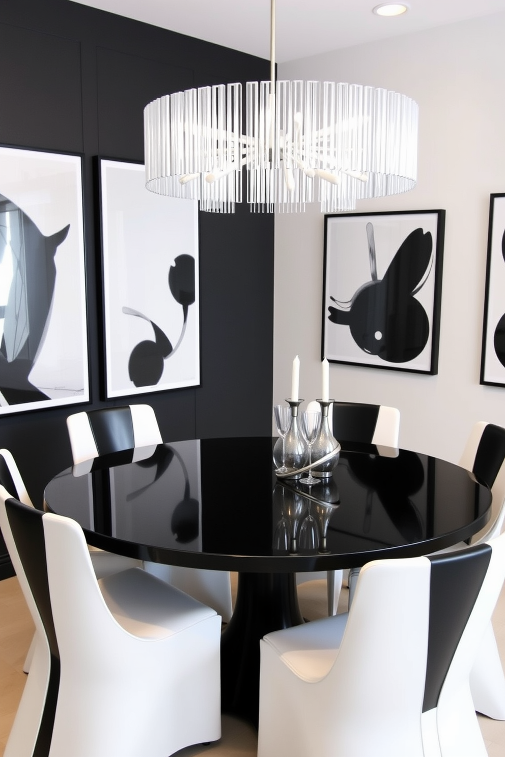 A sleek glass dining table is centered in a modern dining room, surrounded by elegant black chairs that provide a striking contrast. The walls are adorned with monochromatic artwork, and a stylish chandelier hangs above, casting a warm glow over the space. The floor features polished hardwood, enhancing the room's contemporary feel. Large windows allow natural light to flood in, highlighting the black and white color palette throughout the design.