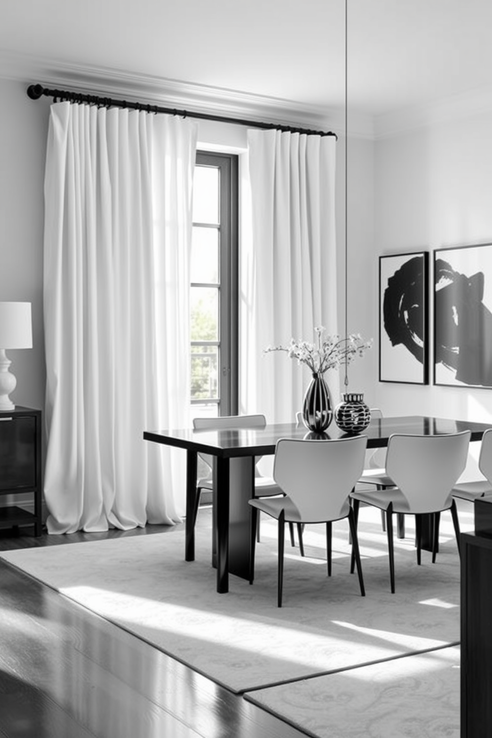 Elegant white curtains drape gracefully from black rods, allowing soft natural light to filter into the space. The contrast between the bright fabric and dark hardware creates a striking visual appeal that enhances the overall elegance of the room. A black and white dining room features a sleek rectangular table surrounded by stylish chairs, all set against a backdrop of monochromatic wall art. The combination of bold patterns and minimalist decor adds sophistication and timeless charm to the dining experience.