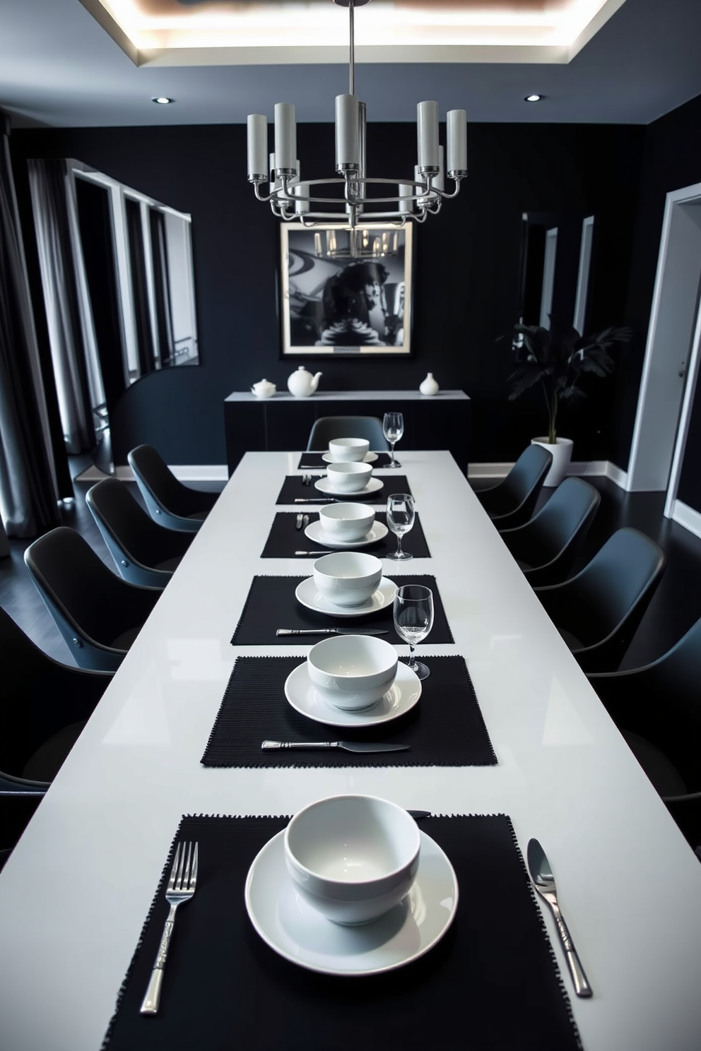 A striking black and white dining room features bold black placemats elegantly set with pristine white dishes. The room is adorned with a sleek dining table surrounded by modern chairs, creating a sophisticated yet inviting atmosphere.