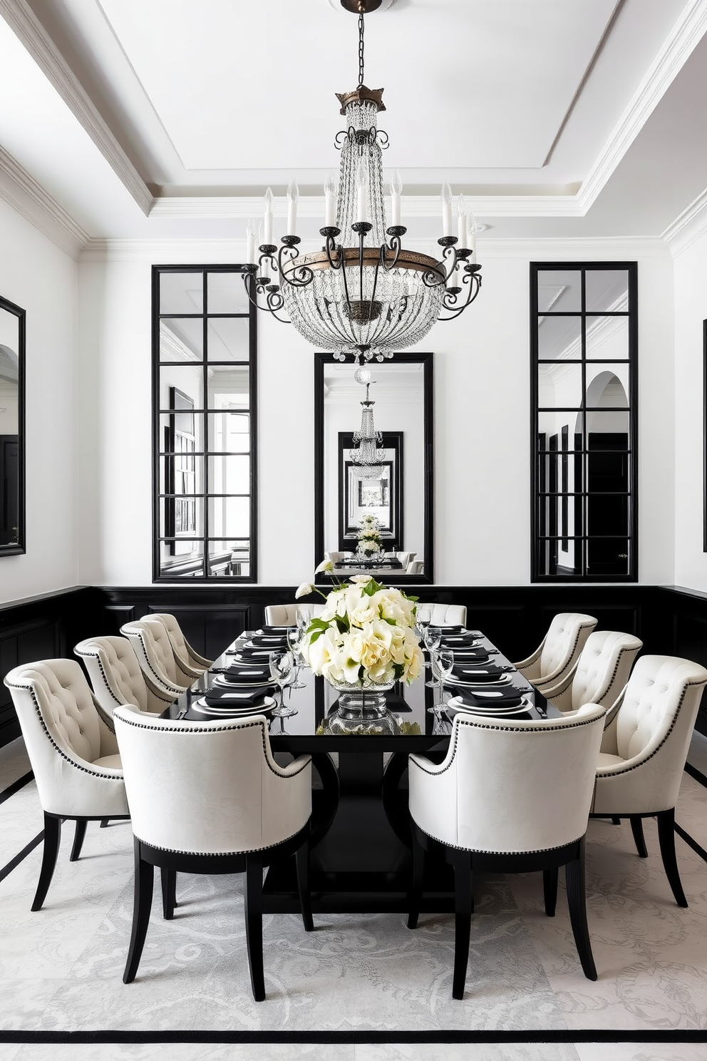 A black and white dining room features a large rectangular table surrounded by elegant upholstered chairs. The walls are adorned with black framed mirrors that reflect natural light, enhancing the room's spacious feel. The table is set with minimalist black and white dinnerware, complemented by a striking centerpiece of fresh white flowers. A statement chandelier hangs above, casting a warm glow over the sophisticated setting.