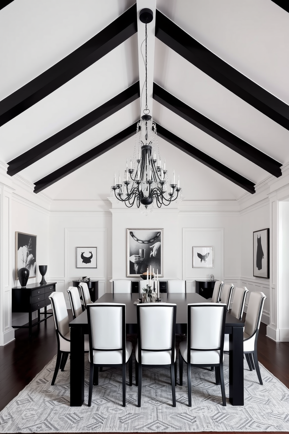 A crisp white ceiling with exposed black beams creates a striking contrast in the dining room. The space features a large black dining table surrounded by elegant white chairs, enhancing the monochromatic theme. A statement chandelier with black accents hangs gracefully above the table, adding a touch of sophistication. The walls are adorned with black and white artwork, complementing the overall design aesthetic.