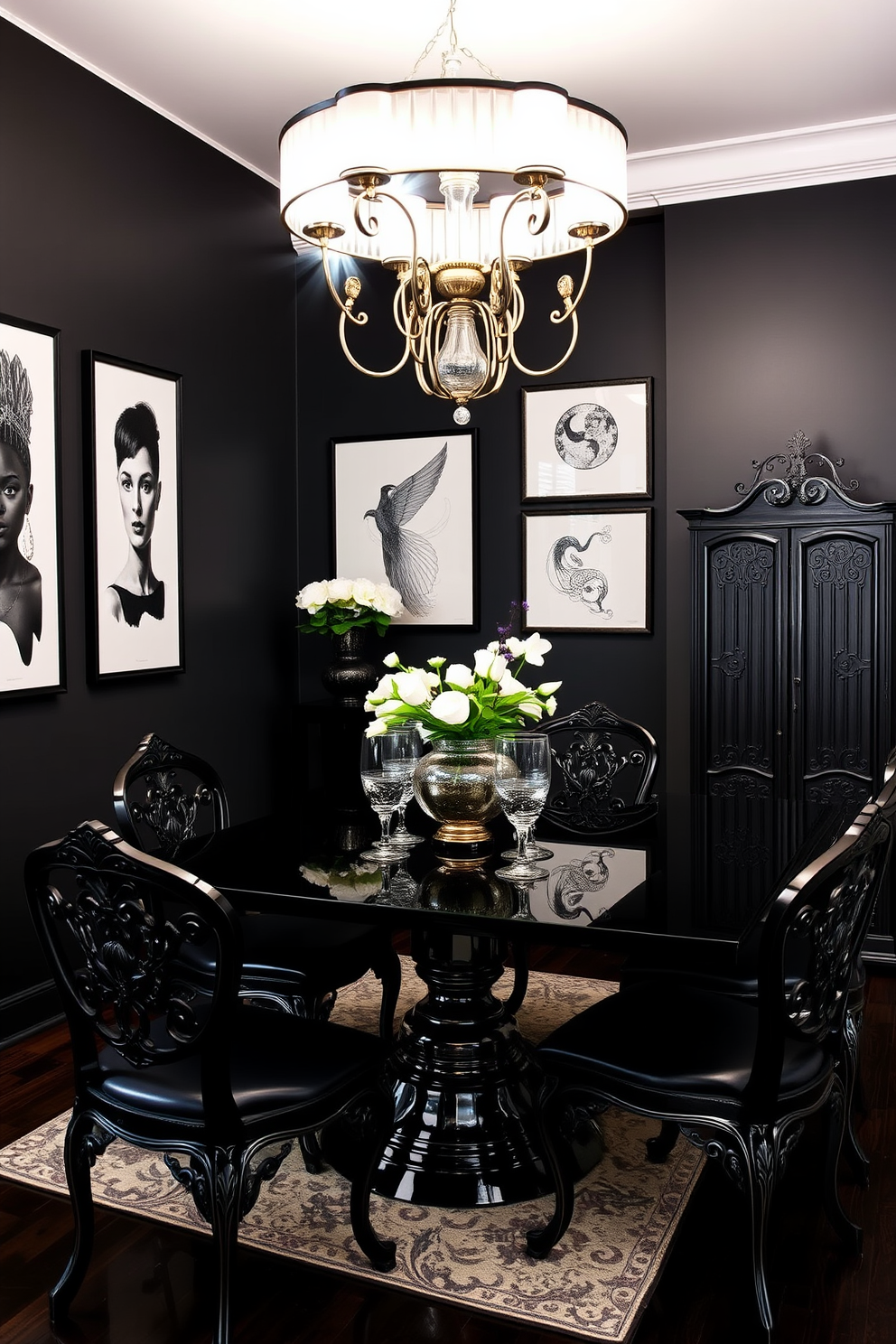 A stylish dining room featuring a blend of modern and vintage black decor. The centerpiece is a sleek black dining table surrounded by elegant black chairs with intricate vintage detailing. The walls are adorned with black and white artwork, creating a striking contrast. A vintage chandelier hangs above the table, adding a touch of sophistication to the atmosphere.