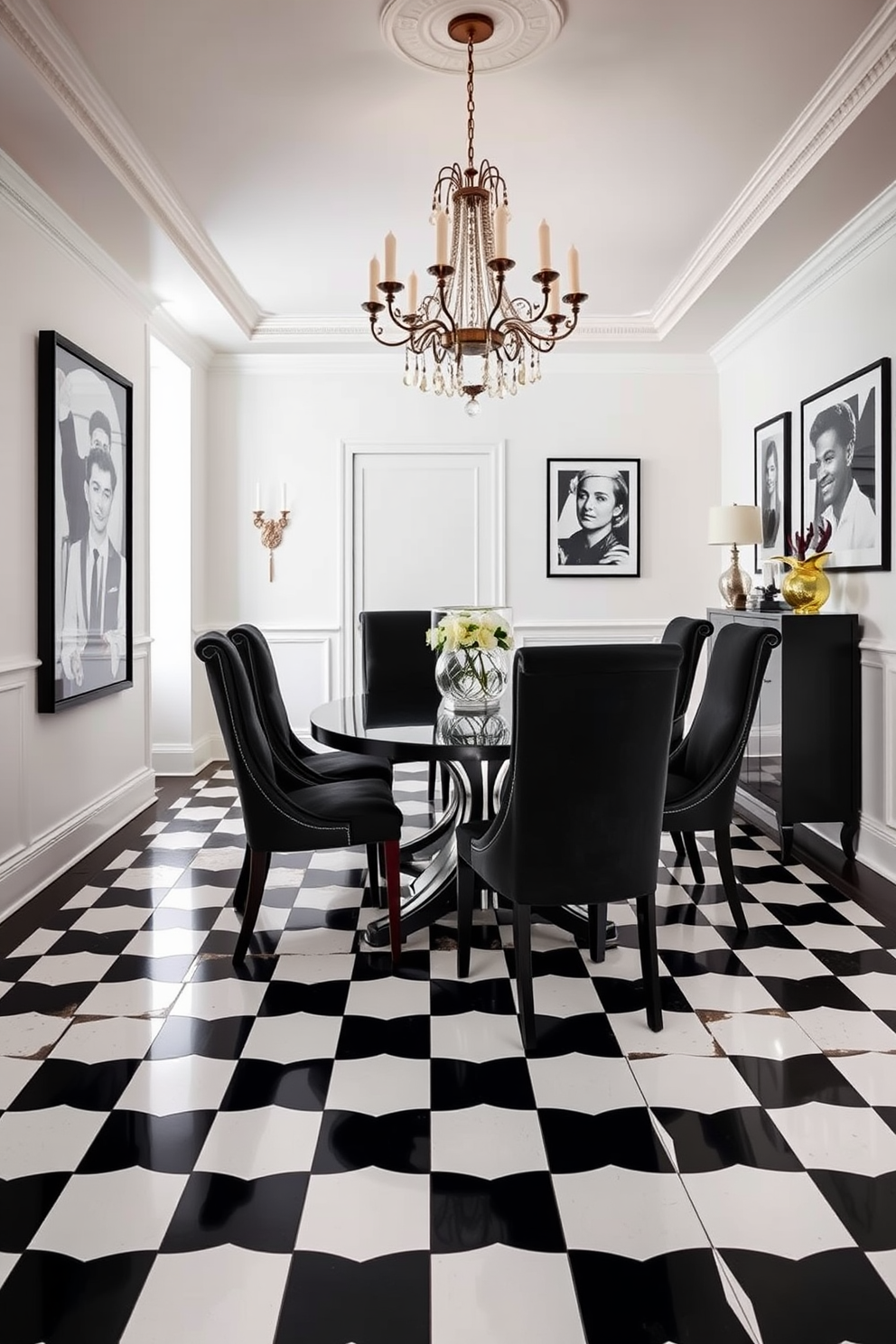 A striking black and white checkerboard floor sets the stage for a chic dining room. The room features an elegant dining table surrounded by high-backed chairs upholstered in a bold black fabric. A statement chandelier hangs above the table, casting a warm glow over the space. The walls are adorned with black and white artwork, adding a touch of sophistication to the overall design.