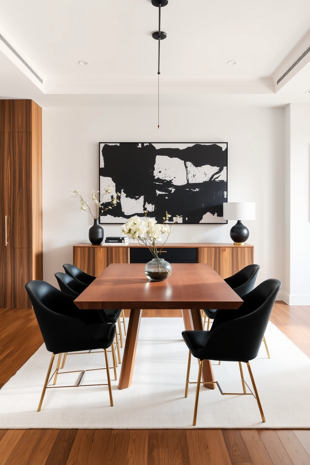 A dining room featuring warm wood tones complemented by sleek black accents. The table is made of rich walnut, surrounded by black upholstered chairs with elegant brass legs. The walls are painted in a soft white, creating a bright and inviting atmosphere. A large black and white abstract artwork hangs above a stylish sideboard, enhancing the modern aesthetic.