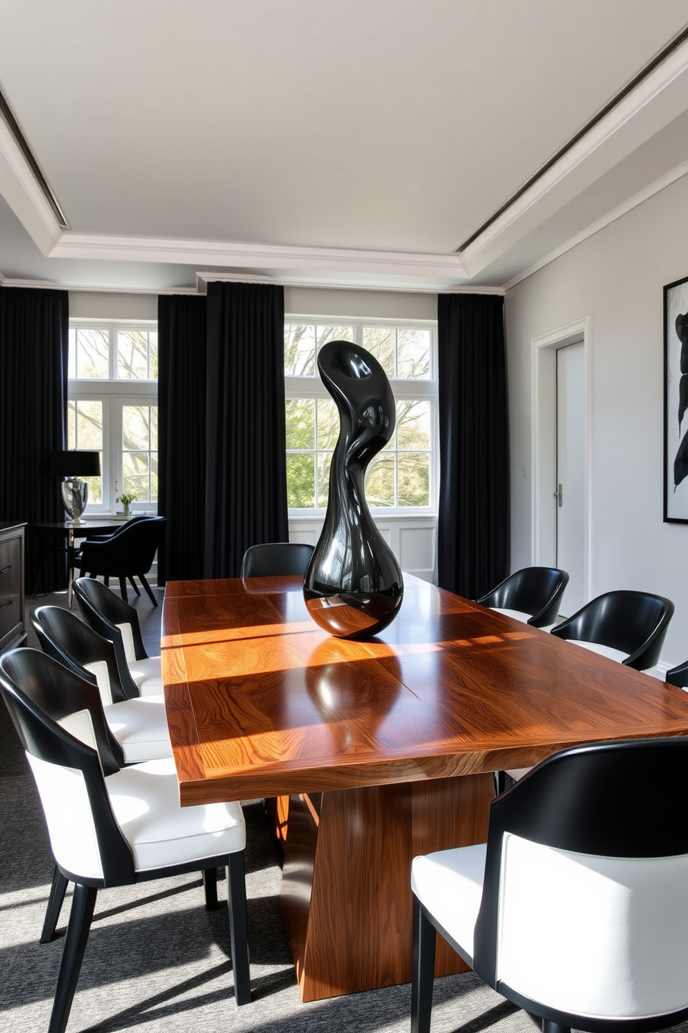 A sculptural black centerpiece takes center stage on a sleek dining table made of polished wood. Surrounding the table, elegant black chairs with white upholstery create a striking contrast in the room. The dining room features a monochromatic color scheme with bold black and white accents. Large windows allow natural light to flood in, enhancing the room's sophisticated atmosphere.