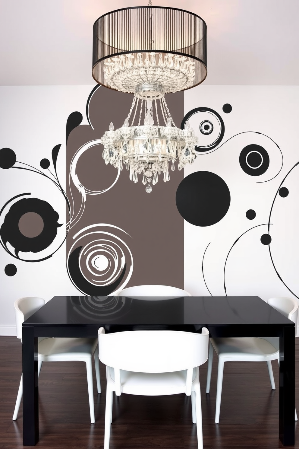 Artistic black and white wall decals create a striking focal point in the dining room. The decals feature abstract designs that add depth and character to the space. The dining room is elegantly furnished with a sleek black table and white chairs. A statement chandelier hangs above, enhancing the monochromatic theme while providing a warm ambiance.