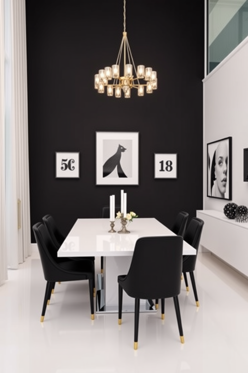 Chic black pendant lights hang gracefully over a sleek dining table, creating a striking focal point in the room. The dining area features a modern aesthetic with a black and white color scheme, complemented by elegant dining chairs that enhance the overall design.