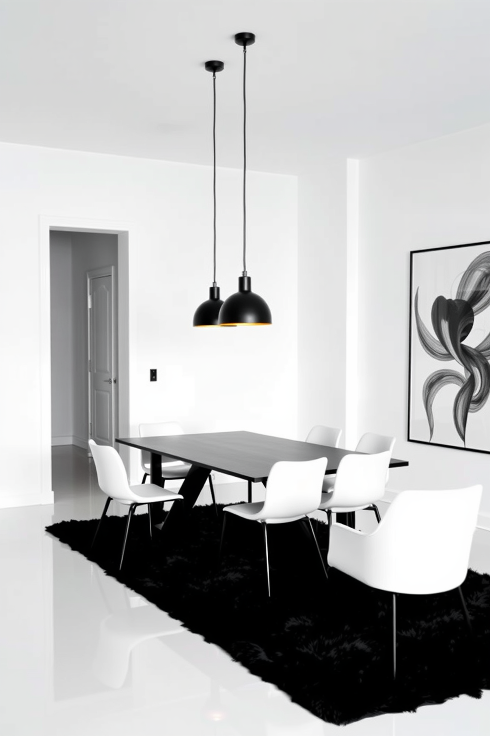 A sleek black dining table is centered in the room, surrounded by elegant white chairs that contrast beautifully with the dark table. Above the table, modern black pendant lights hang down, casting a warm glow over the dining area while enhancing the sophisticated black and white theme. The walls are painted in a crisp white, creating an open and airy feel, while a large black and white artwork adorns one side, adding a focal point to the space. A plush black rug lies beneath the table, providing comfort and grounding the design in this stylish dining room.