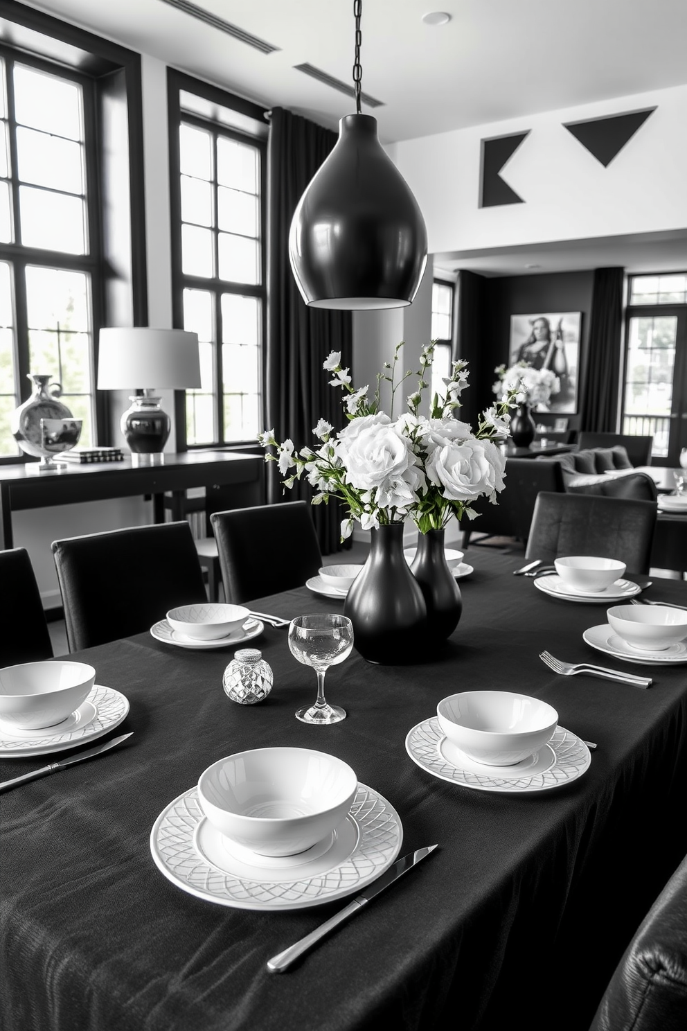 A monochrome table setting features an elegant black tablecloth adorned with unique white dishes that showcase intricate patterns. The centerpiece consists of a minimalist floral arrangement in a sleek black vase, enhancing the sophisticated atmosphere. The black and white dining room design incorporates bold geometric shapes and contrasting textures to create visual interest. Large windows allow natural light to fill the space, highlighting the interplay between the dark furniture and light decor elements.