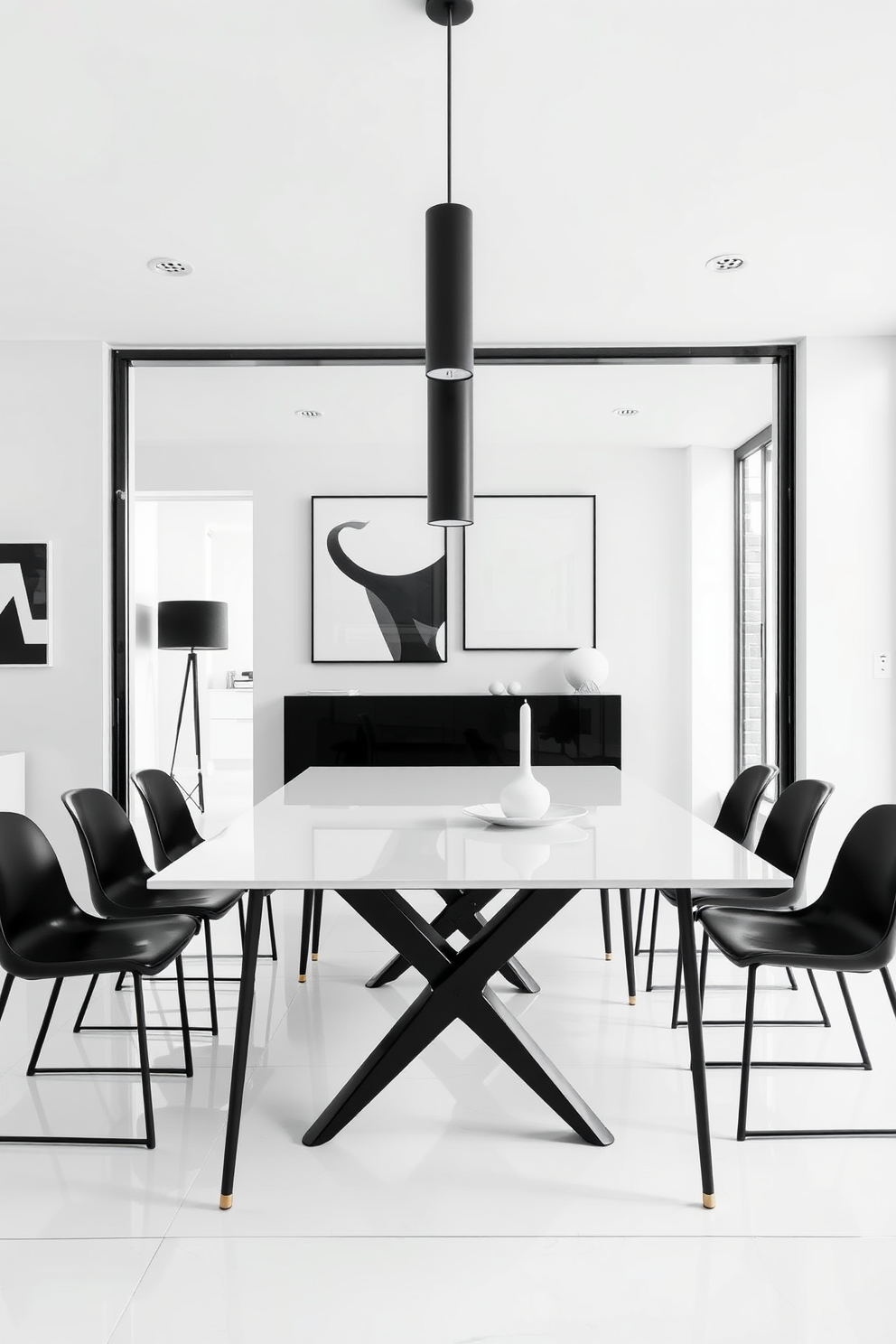 A modern white dining table with sleek black legs serves as the centerpiece of the room. Surrounding the table are elegant black dining chairs, creating a striking contrast against the light-colored walls. The dining room features a bold black and white color scheme, accentuated by geometric patterns in the decor. Large windows allow natural light to flood the space, highlighting the minimalist art pieces adorning the walls.