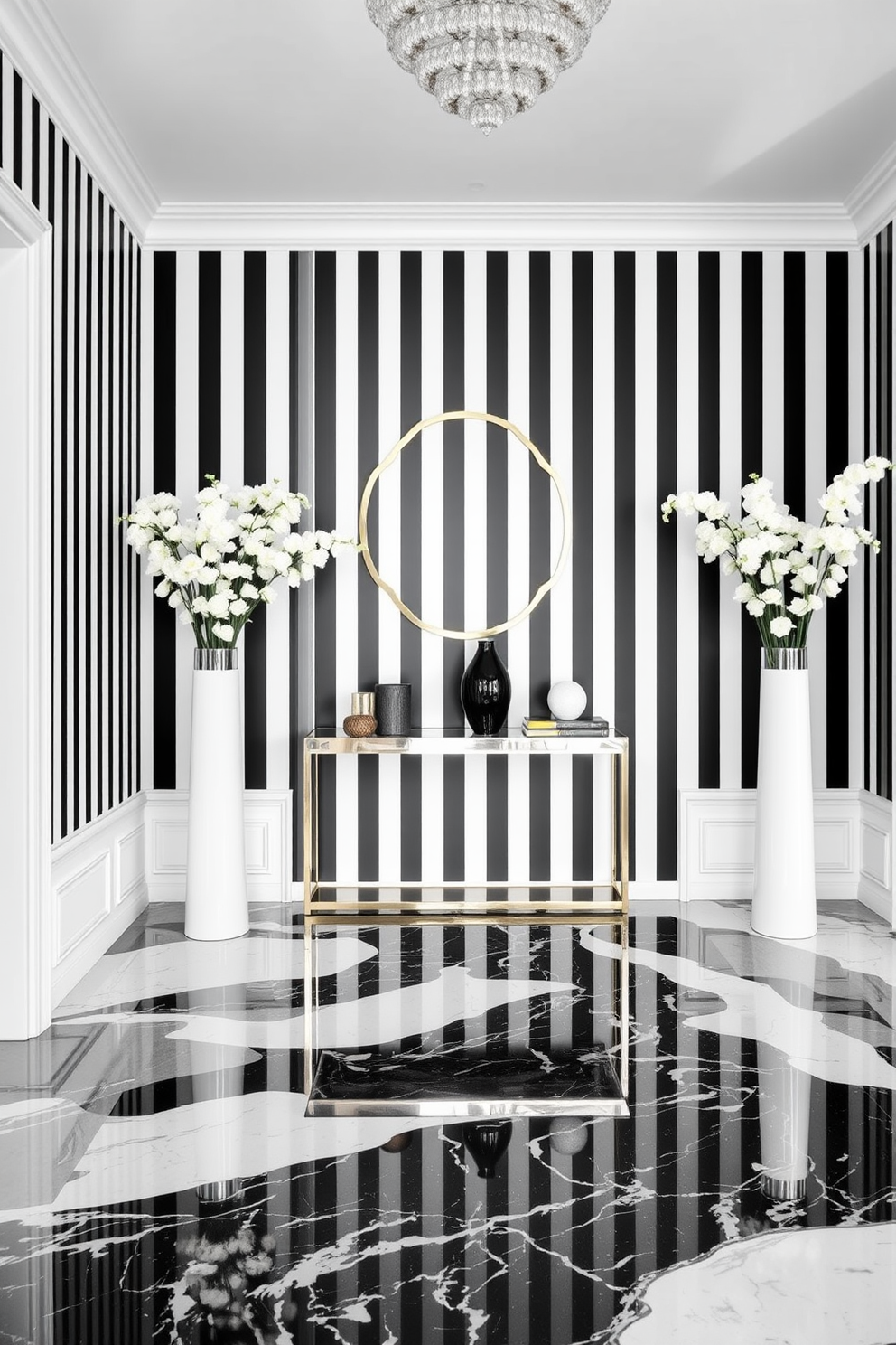 Elegant black and white striped wallpaper adorns the walls of the foyer, creating a striking visual impact. The floor features a polished marble finish, complementing the sophisticated color scheme and enhancing the overall elegance of the space. A sleek console table is positioned against the wall, topped with decorative items in contrasting colors. Flanking the table are two tall, slender vases filled with fresh white flowers, adding a touch of freshness to the monochromatic design.