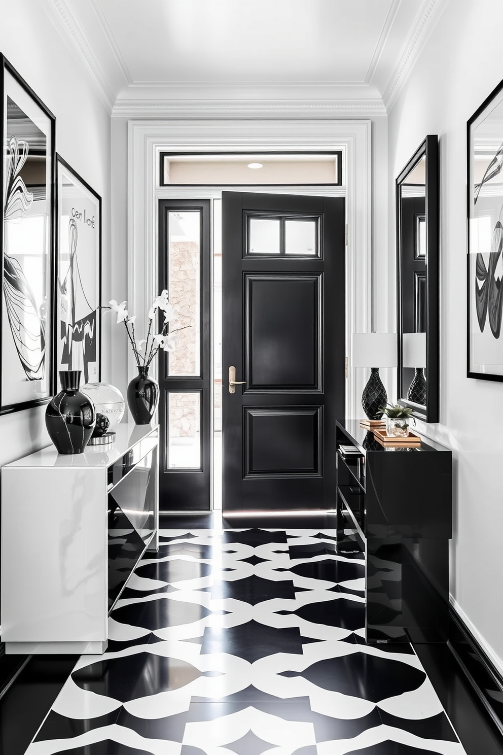 A dramatic black door with white trim stands at the entrance, creating a striking focal point in the foyer. The walls are adorned with elegant black and white artwork, enhancing the sophisticated atmosphere of the space. The floor features a bold black and white geometric patterned tile, adding visual interest and depth. A sleek console table with a glossy finish is positioned against one wall, topped with decorative accents and a stylish mirror.