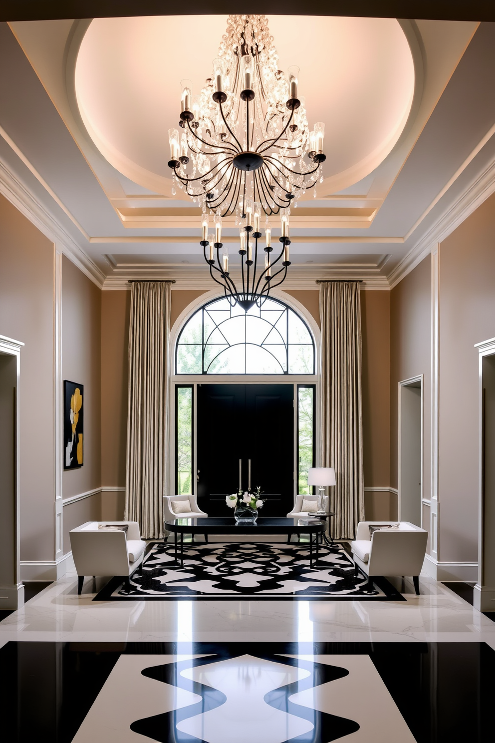 A luxurious white chandelier with black accents hangs elegantly from the ceiling, casting a warm glow over the entryway. The foyer features a striking black and white color palette, with bold geometric patterns on the floor and sleek furnishings that enhance the modern aesthetic.