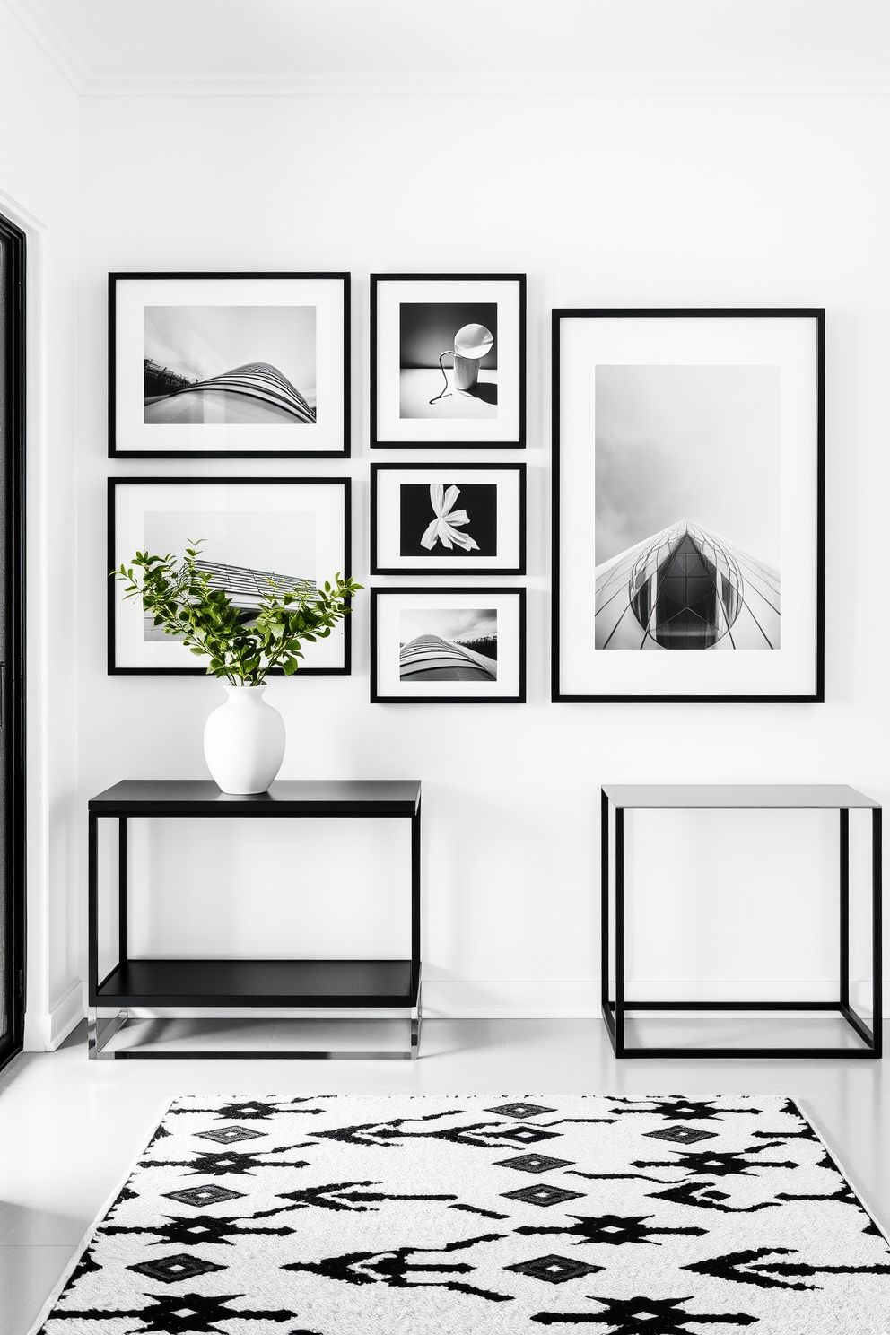 A stylish foyer featuring a sleek black table adorned with elegant black and white floral arrangements. The walls are painted in a soft white hue, creating a bright and inviting atmosphere. The flooring consists of a classic black and white checkerboard pattern that enhances the room's sophistication. A large round mirror with a black frame hangs above the table, reflecting the beautiful floral display.