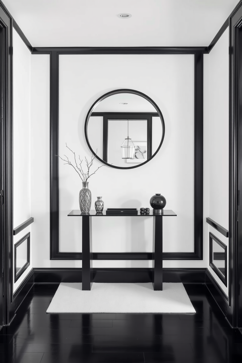 A striking black staircase spirals gracefully upward, its bold color creating a dramatic focal point in the foyer. The white railing elegantly contrasts with the dark steps, adding a touch of sophistication and lightness to the overall design. The foyer features a harmonious blend of black and white elements, with sleek marble flooring enhancing the monochromatic theme. Large abstract art pieces adorn the walls, complementing the modern aesthetic while inviting guests into the stylish space.