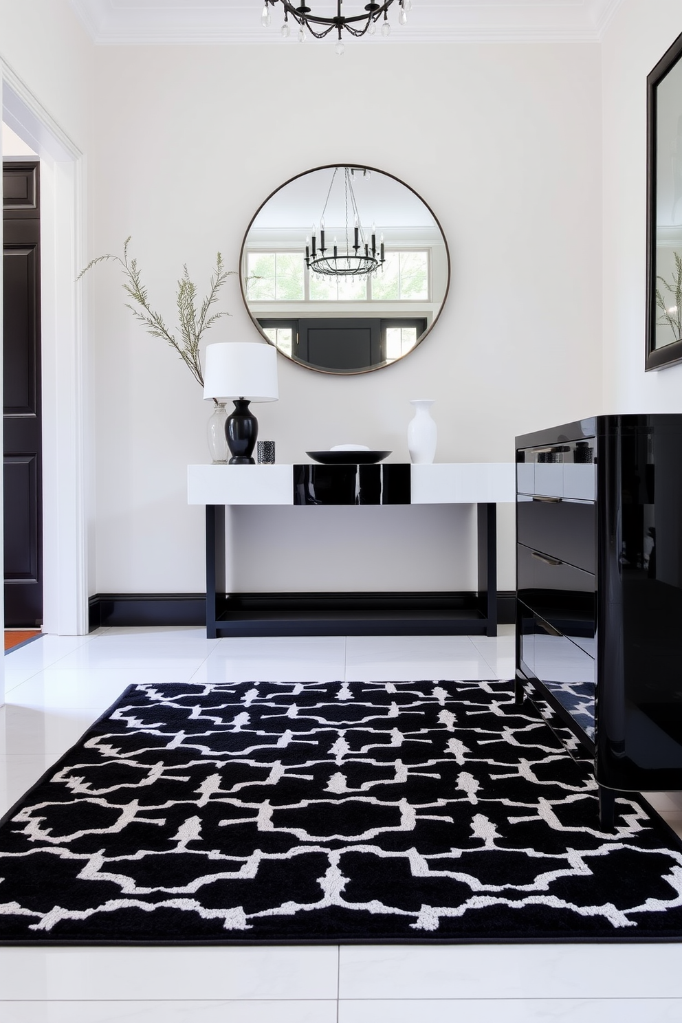 A sophisticated foyer featuring a stunning black and white runner rug that adds elegance to the space. The walls are adorned with minimalist black and white artwork, and a sleek console table stands against one side, topped with a decorative mirror.