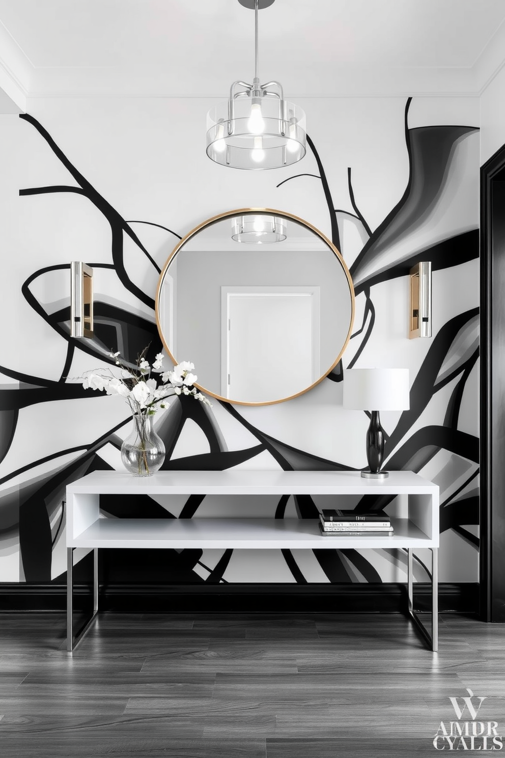 Artistic black and white mural on wall creating a striking focal point in the foyer. The space is enhanced with minimalist furniture and elegant lighting fixtures that complement the mural's bold design. Black and white foyer design ideas featuring a sleek console table against the mural. A large round mirror hangs above the table, reflecting the artistic elements and adding depth to the entryway.