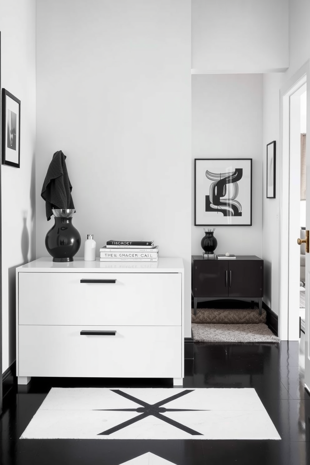 A stunning foyer featuring artistic black and white sculptures strategically placed throughout the space. The walls are painted in a crisp white, creating a striking contrast with the bold sculptures that serve as focal points. The flooring is a sleek black tile that adds sophistication to the area. Soft lighting highlights the sculptures, enhancing their intricate details and creating an inviting atmosphere.