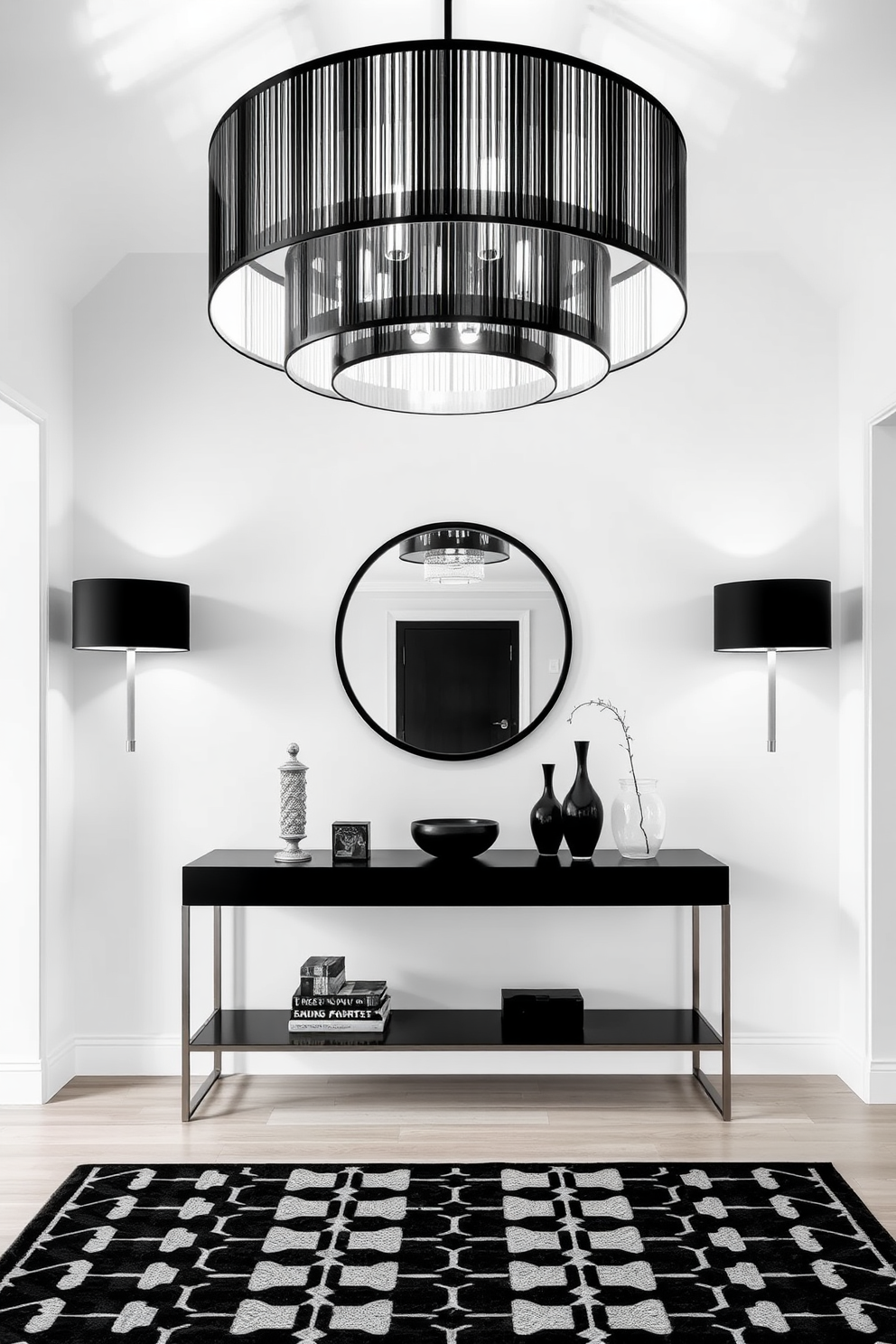 An elegant foyer featuring a striking black and white wallpapered ceiling that draws the eye upward. The walls are adorned with complementary black and white artwork, creating a sophisticated and cohesive look. The floor is finished with polished white marble tiles that reflect the light beautifully. A sleek console table in black sits against the wall, topped with a decorative mirror and a stylish vase of fresh flowers.