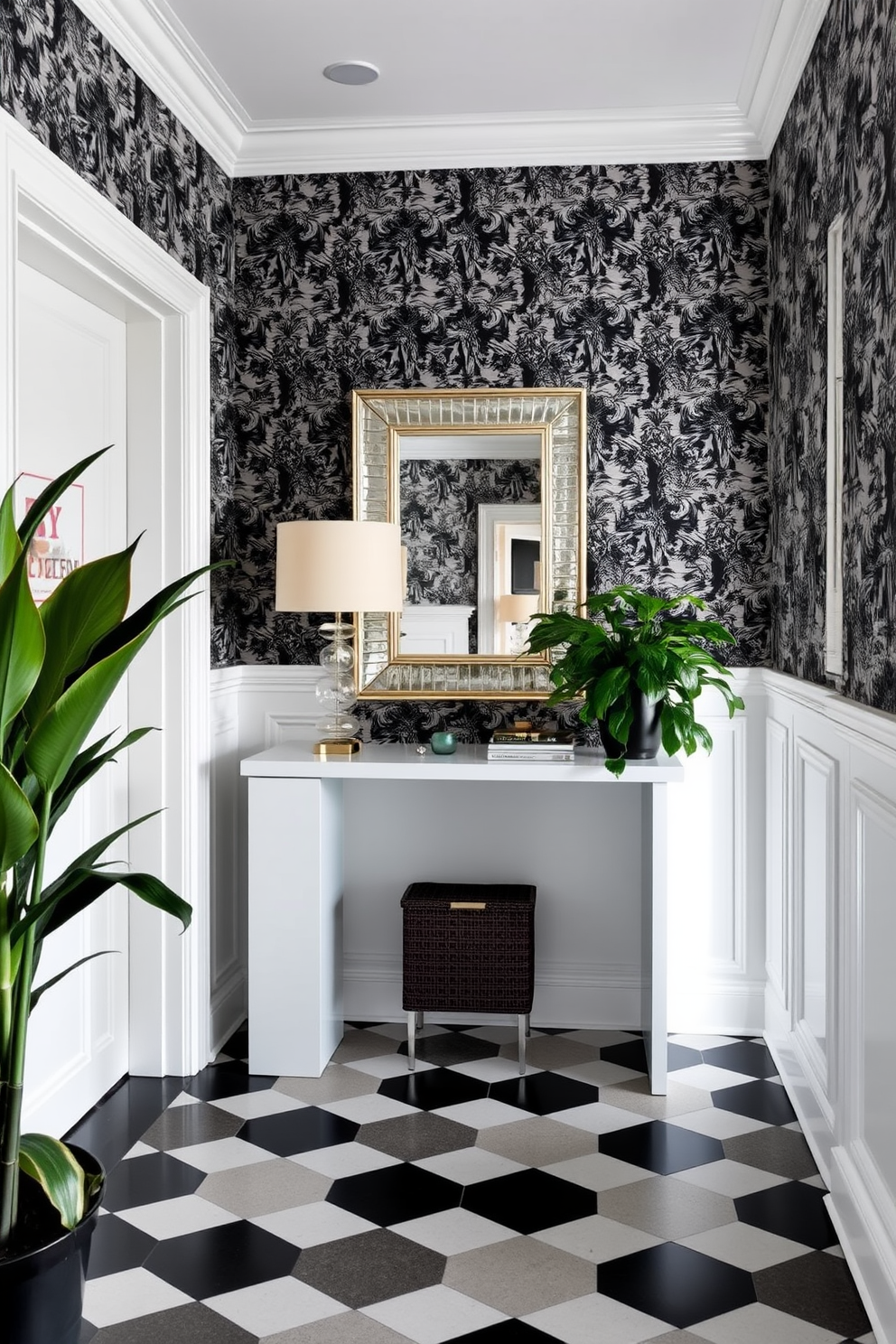 A charming foyer features black and white patterned wallpaper that adds a touch of elegance. The space is enhanced by a sleek console table adorned with a decorative mirror and a stylish lamp. The flooring is a classic black and white checkered tile that complements the wallpaper beautifully. Potted plants in the corners bring a hint of greenery, creating a welcoming atmosphere.