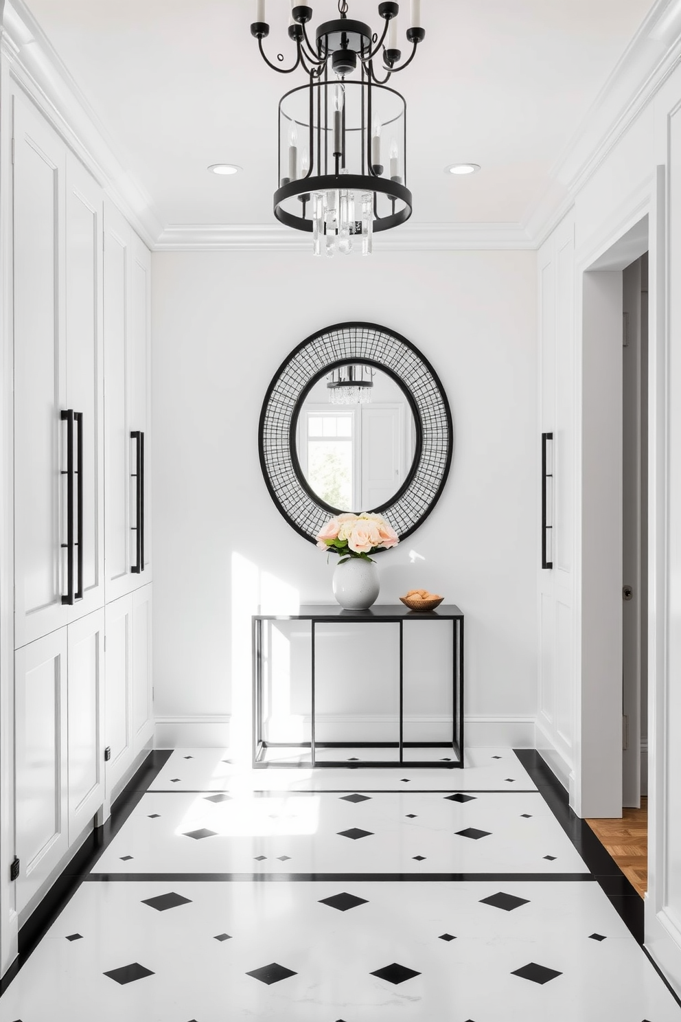 A stunning foyer featuring sleek white cabinets adorned with black hardware. The space is illuminated by a modern chandelier, casting light on the black and white patterned floor tiles. The walls are painted in a crisp white, enhancing the brightness of the room. A large round mirror with a black frame hangs above a stylish console table, creating a focal point in the entrance.