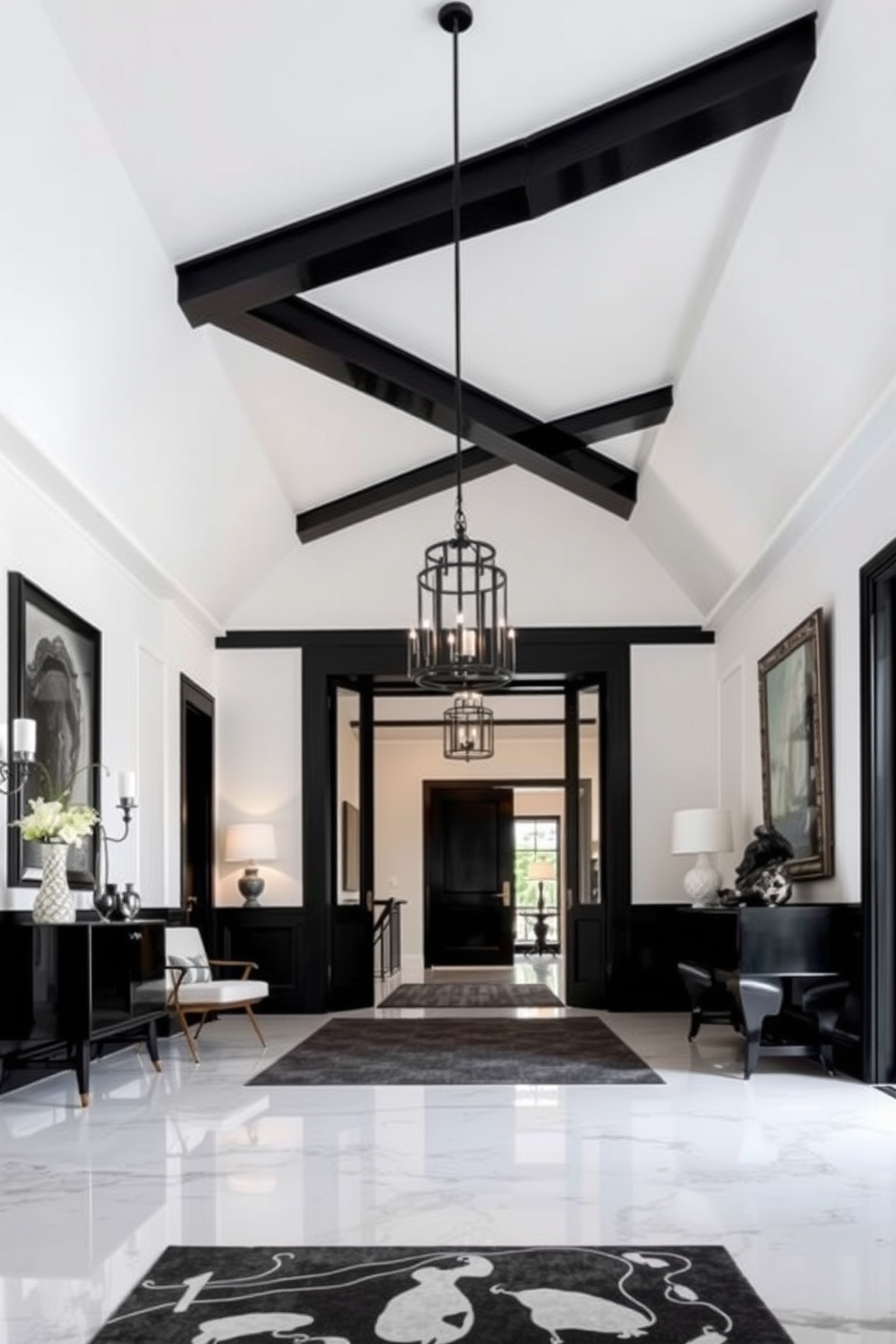 Bright white ceiling with black beams creates a striking contrast that enhances the spaciousness of the foyer. The black and white color scheme is complemented by elegant furnishings and artistic accents that add sophistication to the entrance.