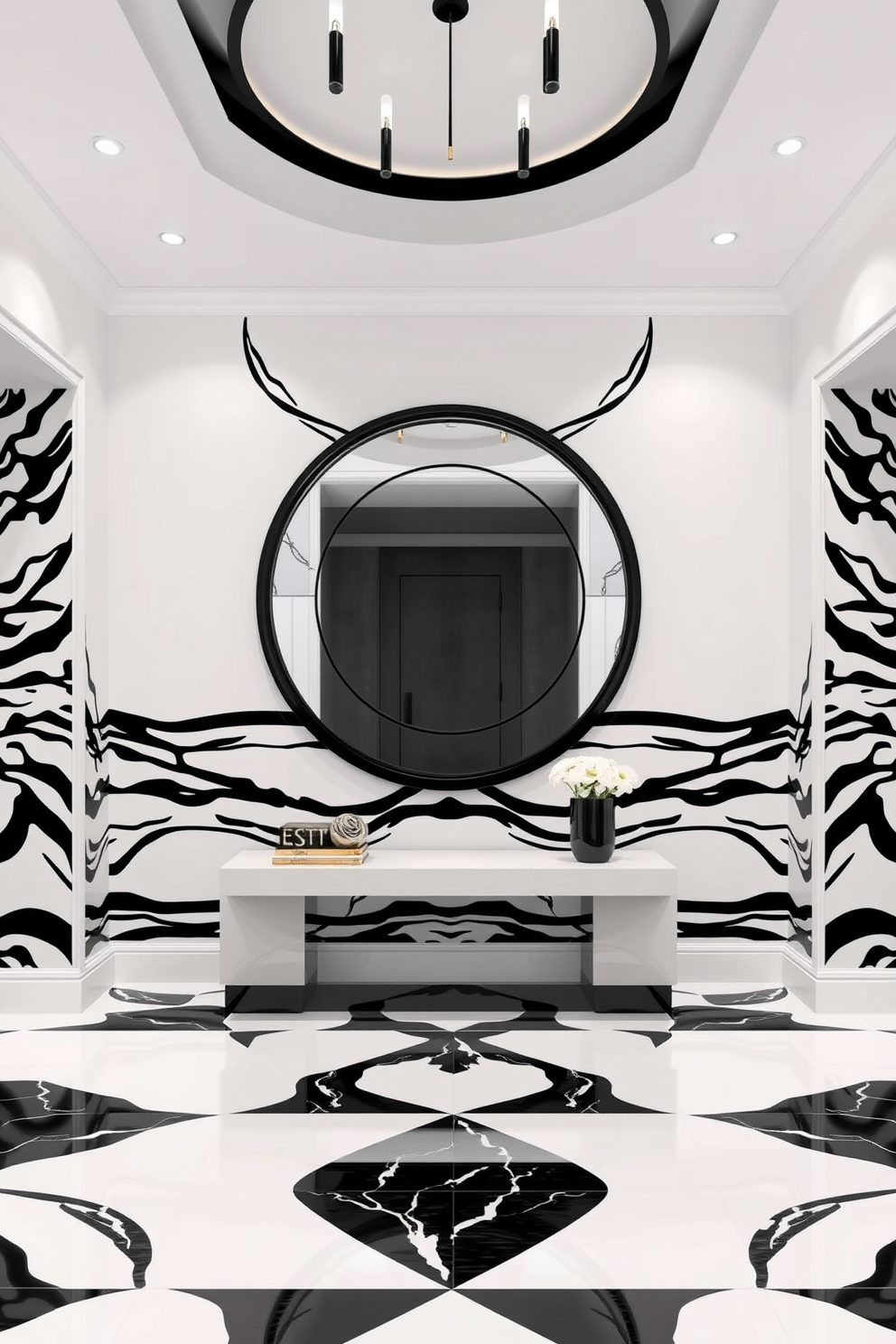 A stunning foyer featuring a large round mirror with a sleek black frame. The walls are adorned with a monochromatic palette, showcasing bold black and white patterns that create a striking visual impact.