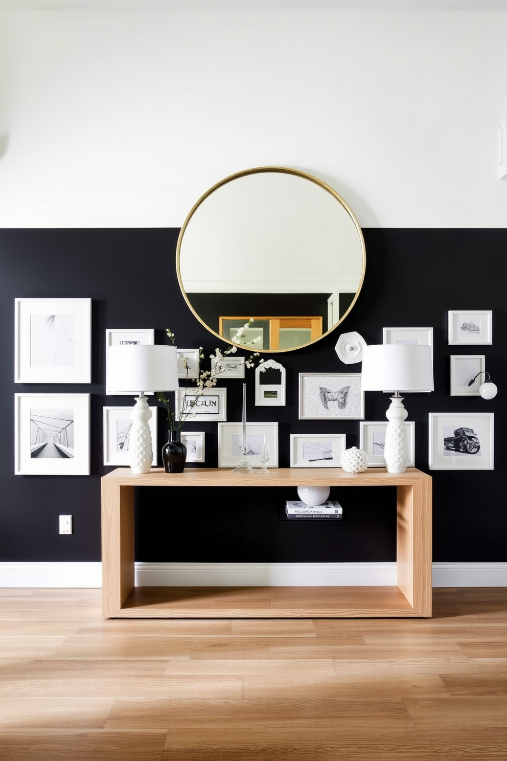 A bold black accent wall serves as the backdrop for a striking foyer. The wall is adorned with an array of white art pieces, creating a stunning contrast that draws the eye. The foyer features a sleek console table in a light wood finish, topped with decorative items in monochrome tones. A large round mirror hangs above the table, reflecting the elegance of the space and enhancing the natural light.