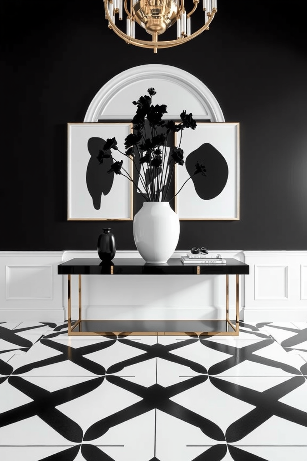 A striking foyer featuring bold black and white framed mirrors that create a dramatic focal point. The walls are adorned with a sleek monochromatic wallpaper, and the floor showcases a stunning geometric patterned tile that complements the overall design.