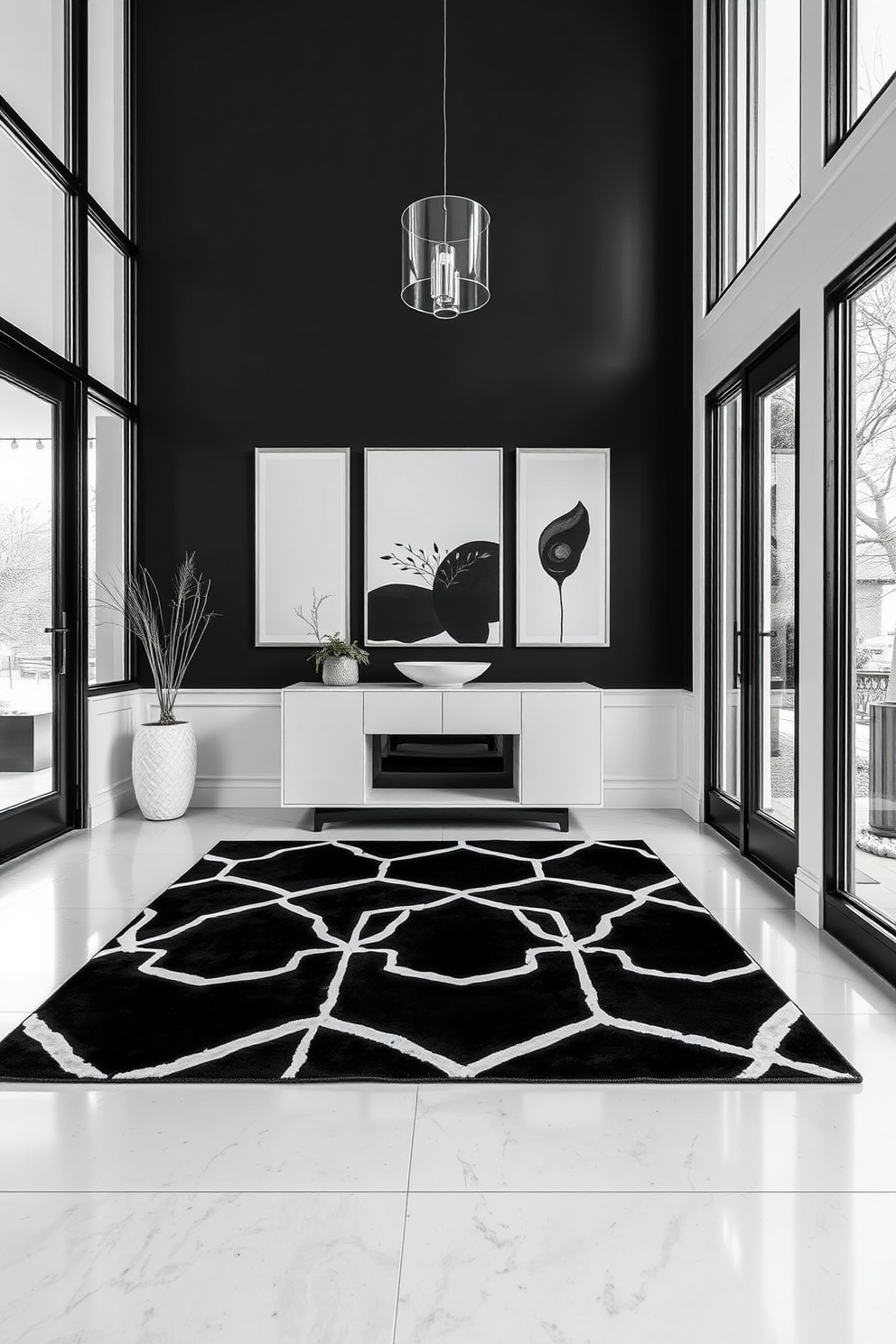 A stylish black and white geometric rug is placed at the center of the foyer, complementing the sleek lines of the surrounding furniture. The walls are adorned with minimalist art pieces, creating a striking contrast against the bold pattern of the rug. The foyer features a modern console table with a glossy finish, topped with a decorative bowl and a small potted plant. Large windows allow natural light to flood the space, enhancing the monochromatic color scheme and creating an inviting atmosphere.