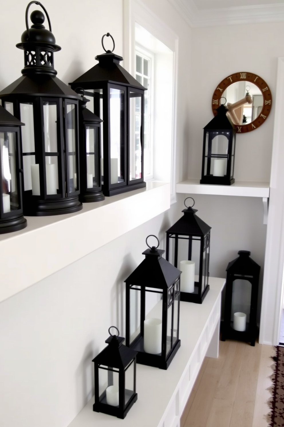 A charming foyer featuring vintage black lanterns elegantly displayed on pristine white shelves. The space is enhanced by a striking black and white color palette, creating a timeless and inviting atmosphere.