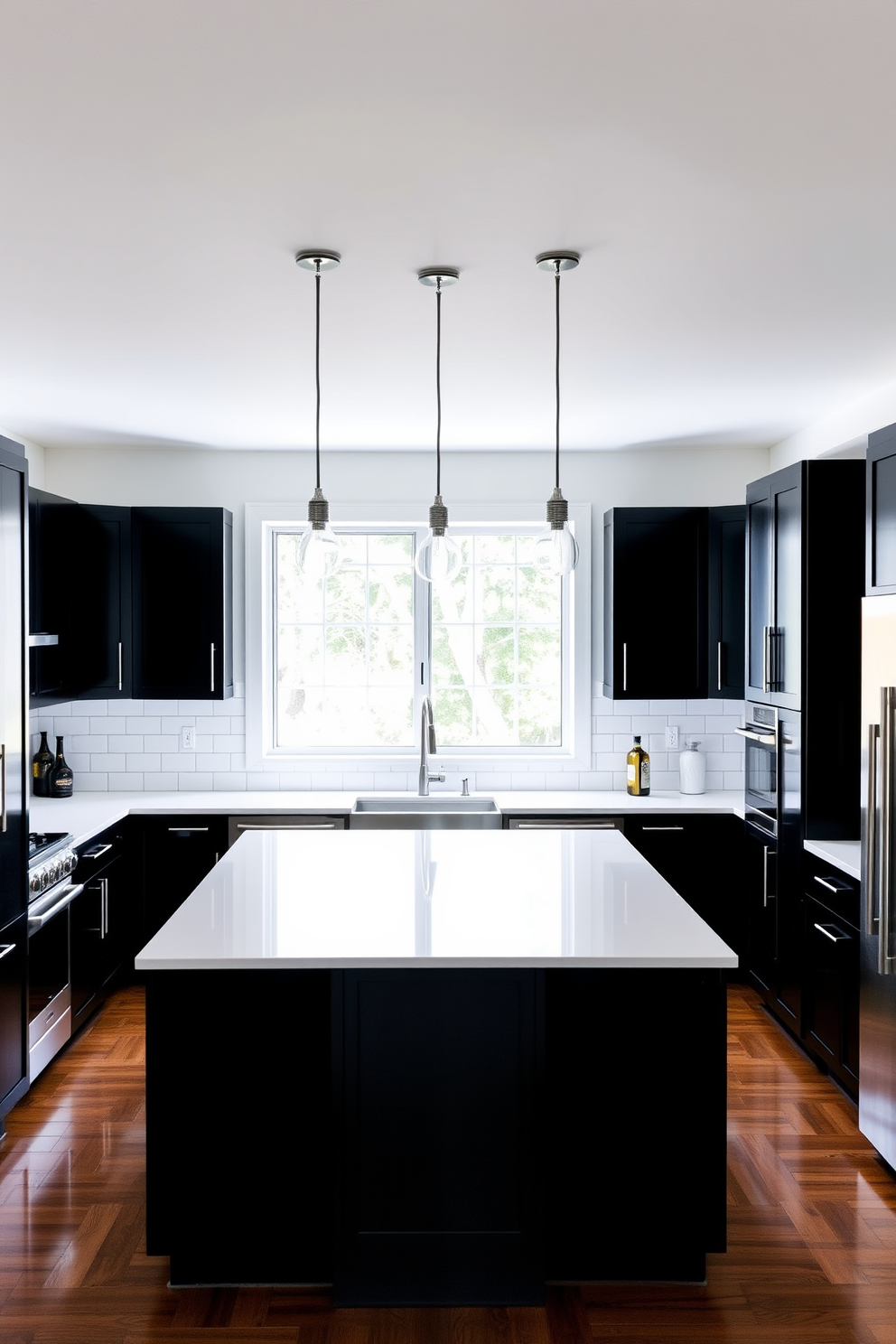 A modern kitchen featuring sleek black cabinets paired with pristine white countertops. The space is illuminated by pendant lights hanging above a central island, creating a striking contrast between the cabinetry and the bright surfaces. The backsplash is adorned with geometric black and white tiles, adding visual interest to the overall design. Stainless steel appliances complement the monochromatic theme, enhancing the kitchen's contemporary aesthetic.