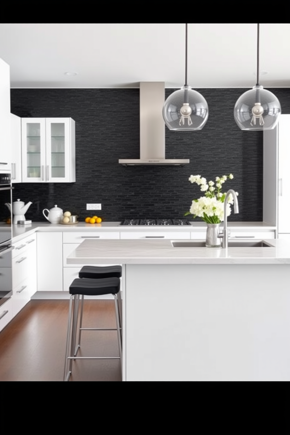 A stylish kitchen featuring a textured black backsplash that contrasts beautifully with sleek white cabinets. The countertops are made of polished quartz, and a modern island with bar stools provides a functional gathering space.