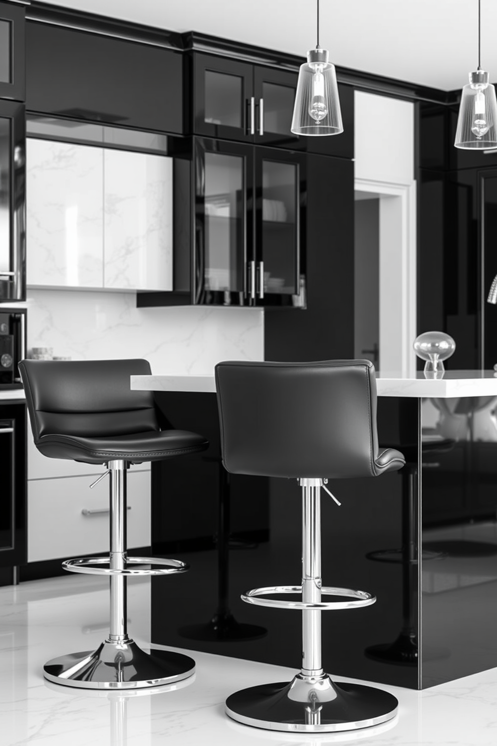 Chic bar stools in black leather are positioned at a sleek kitchen island. The stools feature modern lines and a polished metal base, adding elegance to the space. The kitchen showcases a stunning black and white design with high-contrast cabinetry and countertops. Glossy black cabinets complement the white marble backsplash, creating a timeless and sophisticated atmosphere.