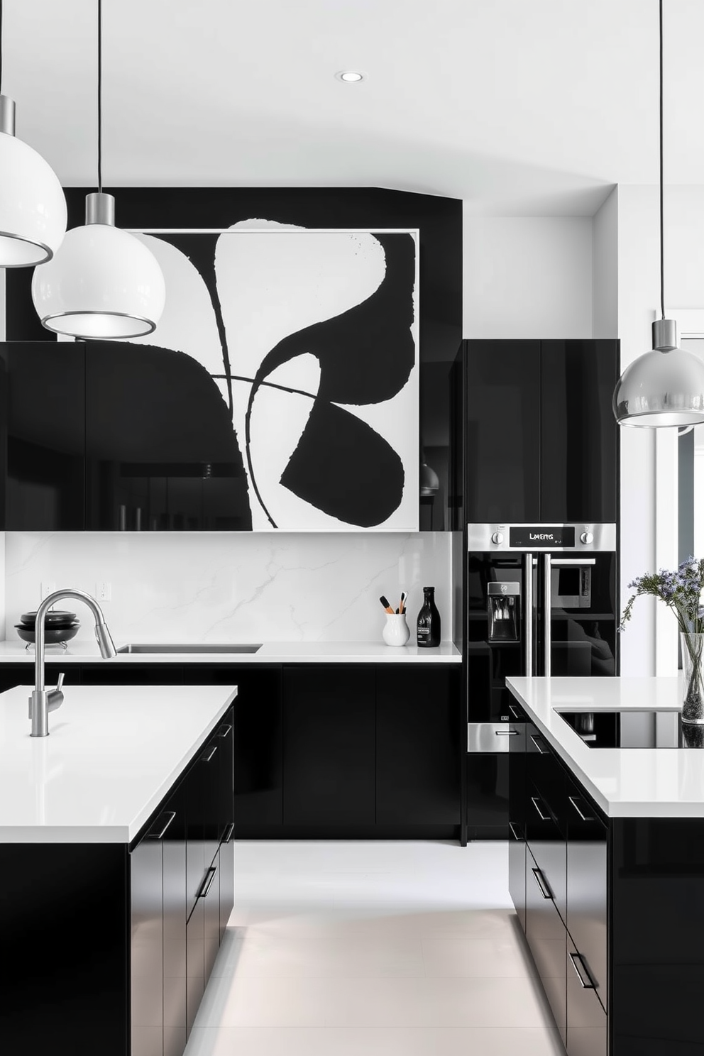 A striking monochrome wall art piece dominates the kitchen space, featuring abstract shapes and bold lines that create a focal point. The artwork is complemented by sleek black cabinetry and white countertops, enhancing the overall modern aesthetic. The black and white kitchen design showcases a harmonious blend of contrasting elements, with glossy black appliances and matte white finishes. Minimalist pendant lights hang above the island, providing functional illumination while maintaining the clean lines of the design.