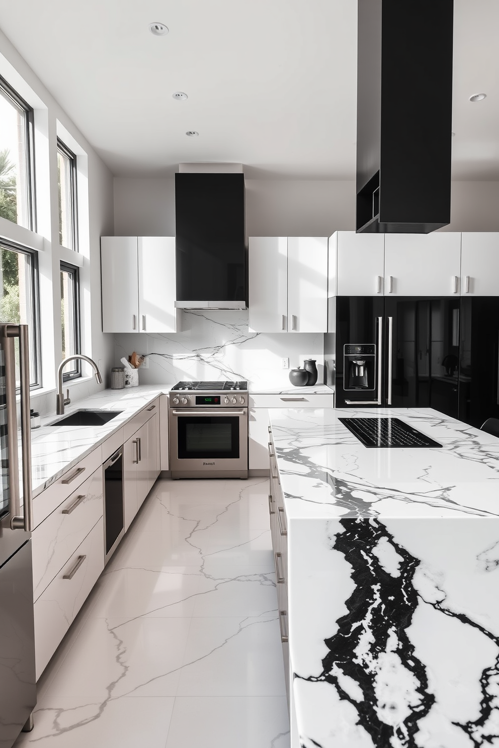 A modern kitchen featuring luxe marble countertops with striking black veins. The cabinetry is sleek and minimalist, complemented by high-end stainless steel appliances and a stylish backsplash. The kitchen island serves as a central gathering space, adorned with chic bar stools. Natural light floods the room through large windows, highlighting the contrast between the black and white elements.