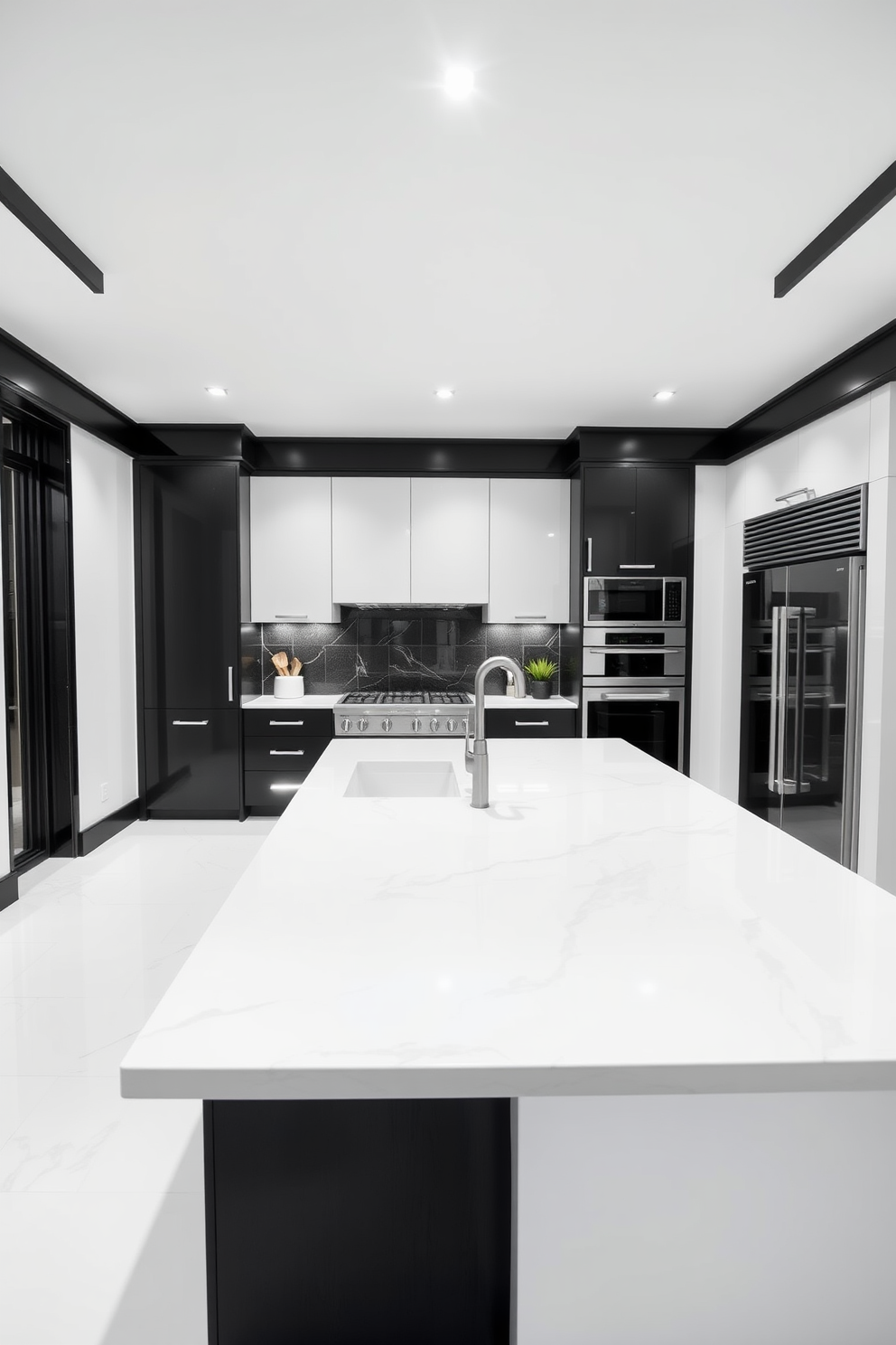 A striking black sink is set against sleek white cabinetry, creating a bold contrast in the kitchen. The space features modern appliances and minimalist decor, enhancing the overall elegance of the black and white theme. The countertops are adorned with a polished white marble, complementing the cabinetry and sink. Subtle black accents, such as bar stools and light fixtures, add depth and sophistication to the design.