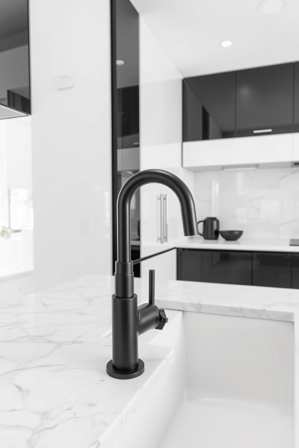 A contemporary kitchen featuring a sleek black faucet paired with a pristine white sink. The cabinetry is a mix of matte black and glossy white, creating a striking contrast that enhances the modern aesthetic. The countertops are made of polished quartz with subtle veining, providing a sophisticated touch. Large format black and white tiles adorn the floor, adding a bold graphic element to the space.