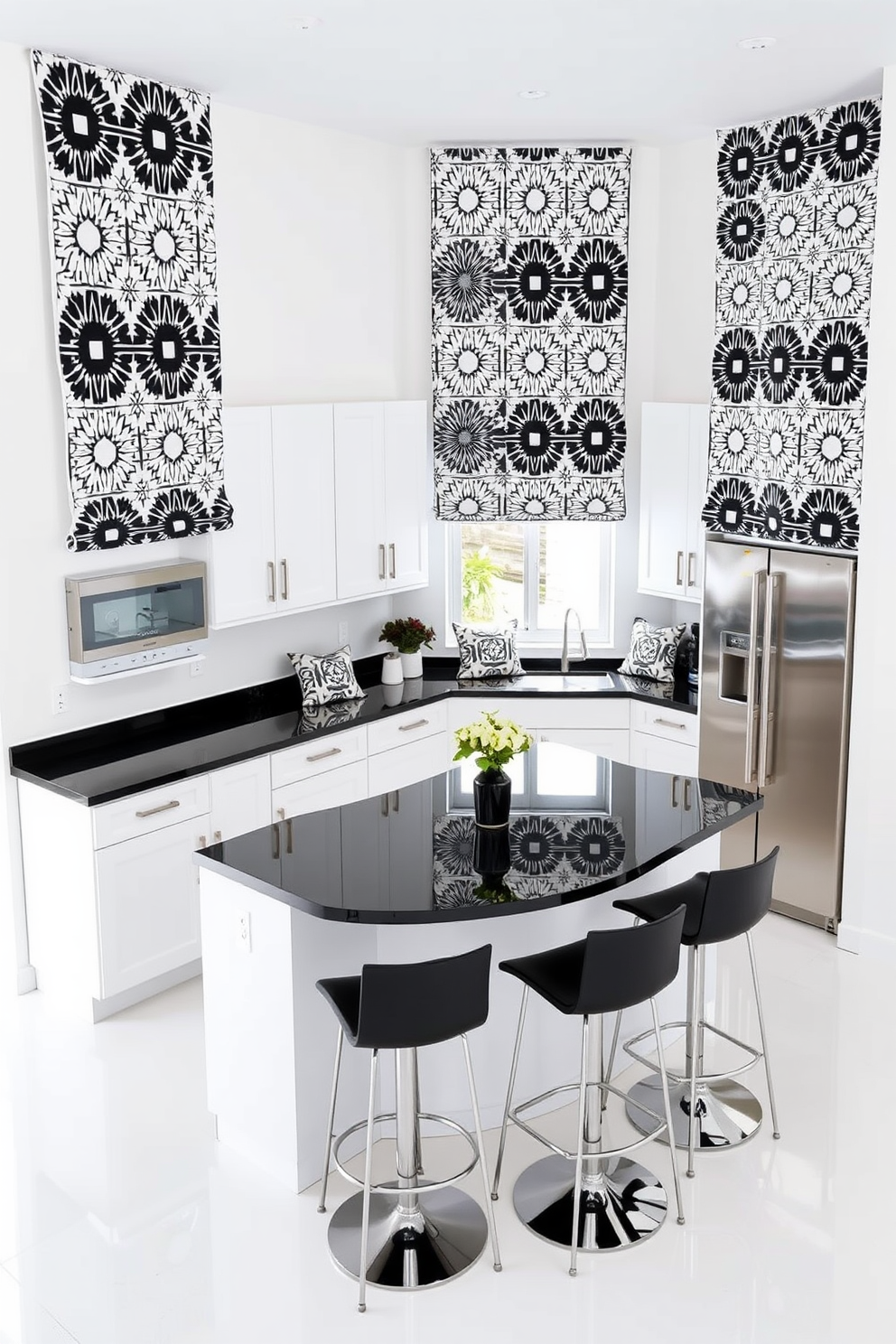 A modern kitchen featuring geometric patterns on textiles. The curtains and cushions showcase bold black and white designs, complementing sleek cabinetry and stainless steel appliances. The walls are painted in crisp white, creating a bright and airy atmosphere. A large island with a black countertop serves as a focal point, surrounded by stylish bar stools.